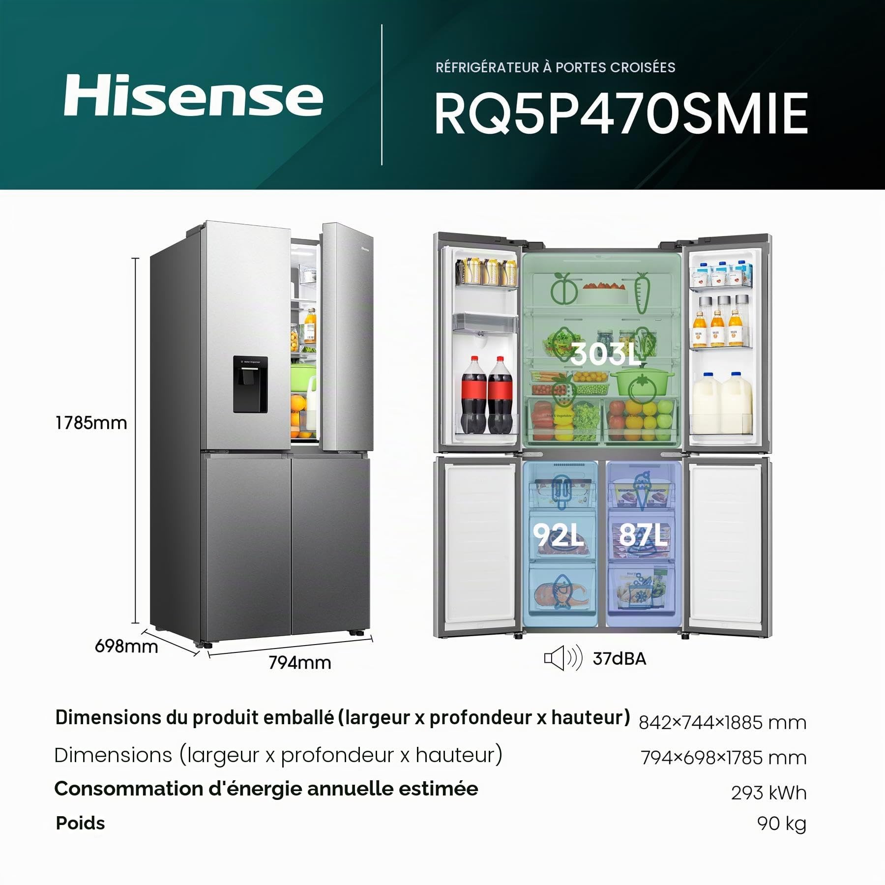 Hisense Fridge 4 Door Total Nofrost 460lt E 79cm Stainless Steel Rq5p470smie