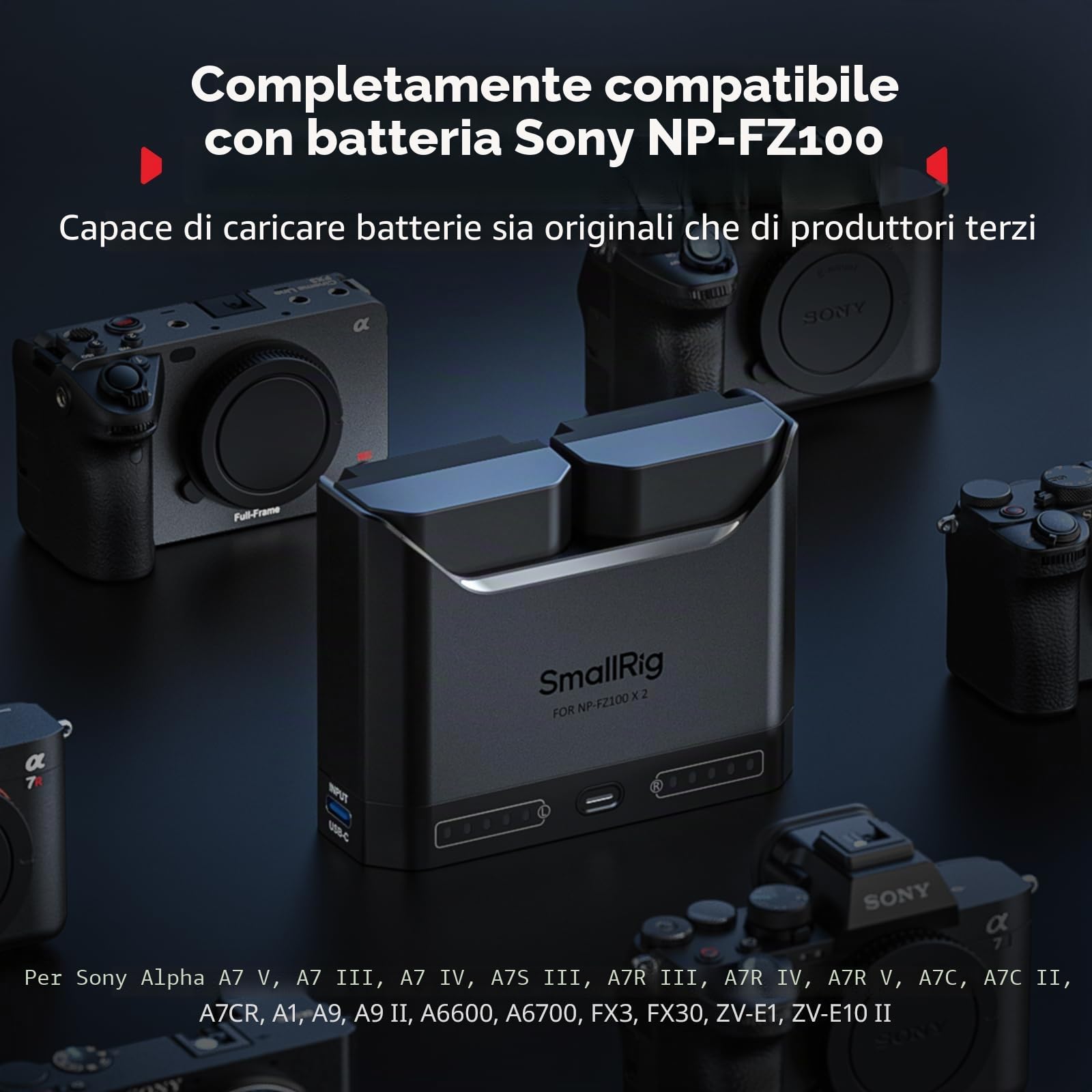 SMALLRIG Caricabatterie NP-FZ100 per Sony, Caricabatteria a Doppio slot da 2 ore con porta di ricarica rapida USB-C per Sony Alpha A7III A7IV A6700 FX3 FX30 A9 A7C A7CII A7RIII ZV-E1 ZV-E10II-5489