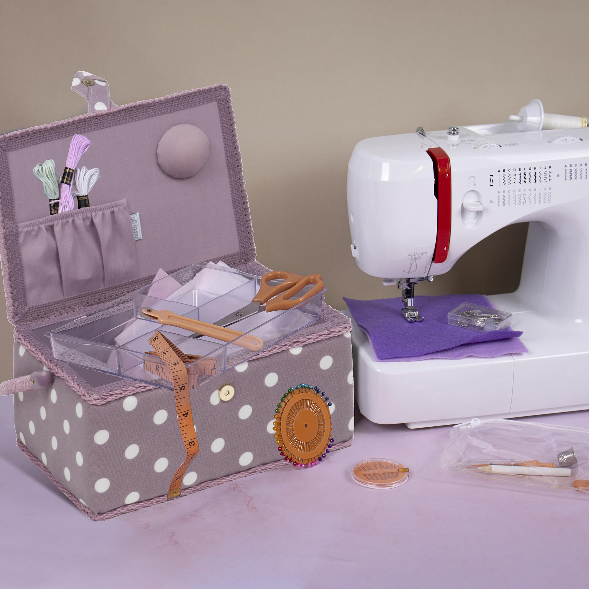 Hobby Gift Exclusiva caja de almacenamiento precargada para manualidades con kit de costura de 94 piezas incluido, punto malva, mediano, MRM121F