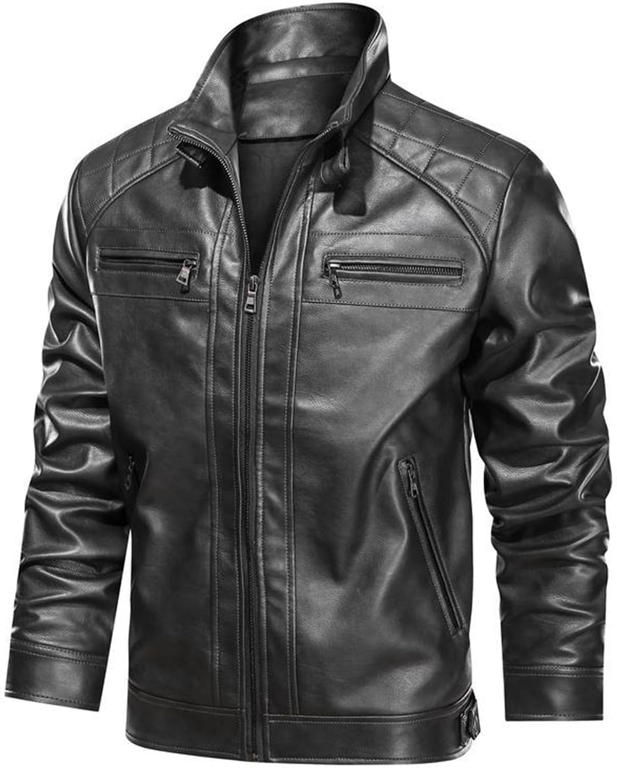 Men'S Leather Biker Jacket Stand Collar Faux PU Coat Vintage Motorcycle Jackets For Men