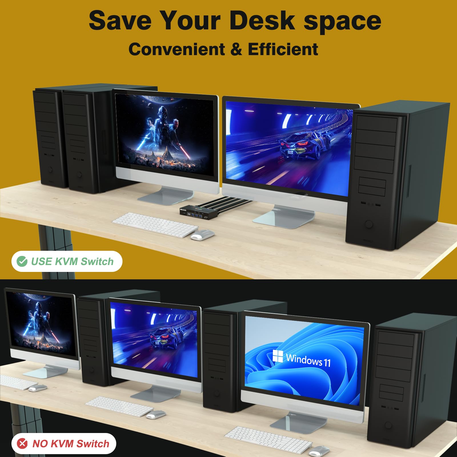 Switch KVM 3 PC 2 Monitores 4K@60Hz Emulador EDID,Conmutador KVM HDMI 2K@120Hz para 3 PC, 2 Monitores y 4 Dispositivos USB3.0, Soporta Modo Extendido y Copia,con Cable USB+Control de Escritorio