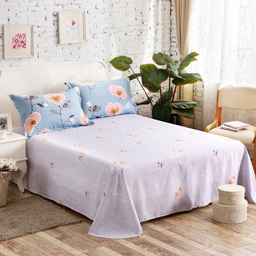 Coton sergé double lits drap plat 160x230cm imprimé rayé feuilles vertes