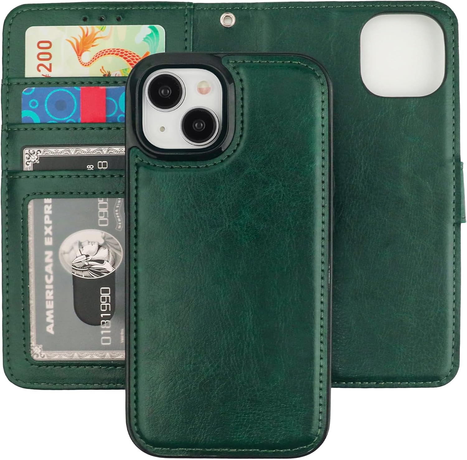 Bocasal Detachable Wallet Case for iPhone 15 RFID Blocking Card Slots Holder Premium PU Leather Magnetic Kickstand Shockproof Wrist Strap Removable Flip Protective Cover 5G 6.1 inch (Green)