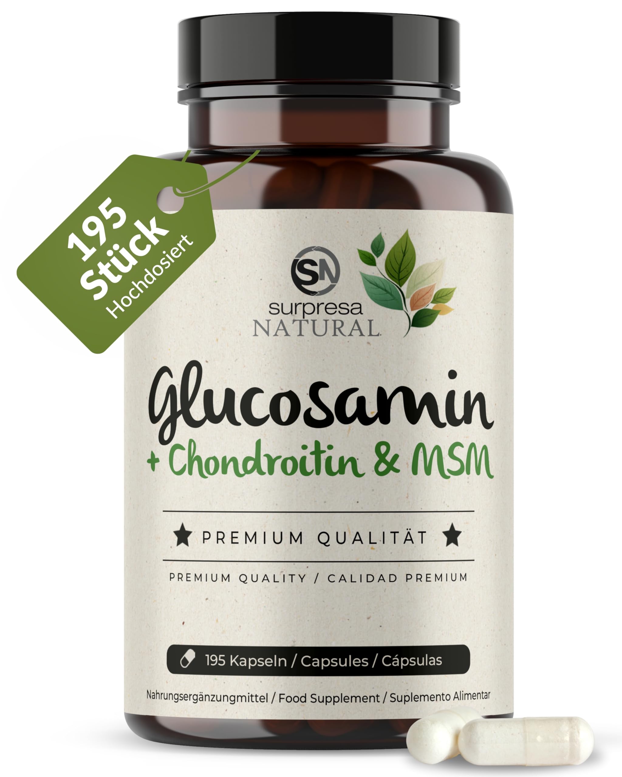 Glucosamin Chondroitin & MSM Kapseln hochdosiert I 1x 195 Kapseln I 4500 mg pro Tagesdosis I Nahrungsergänzungsmittel ohne Zusatzstoffe & laborgeprüft I 1 Monatsvorrat