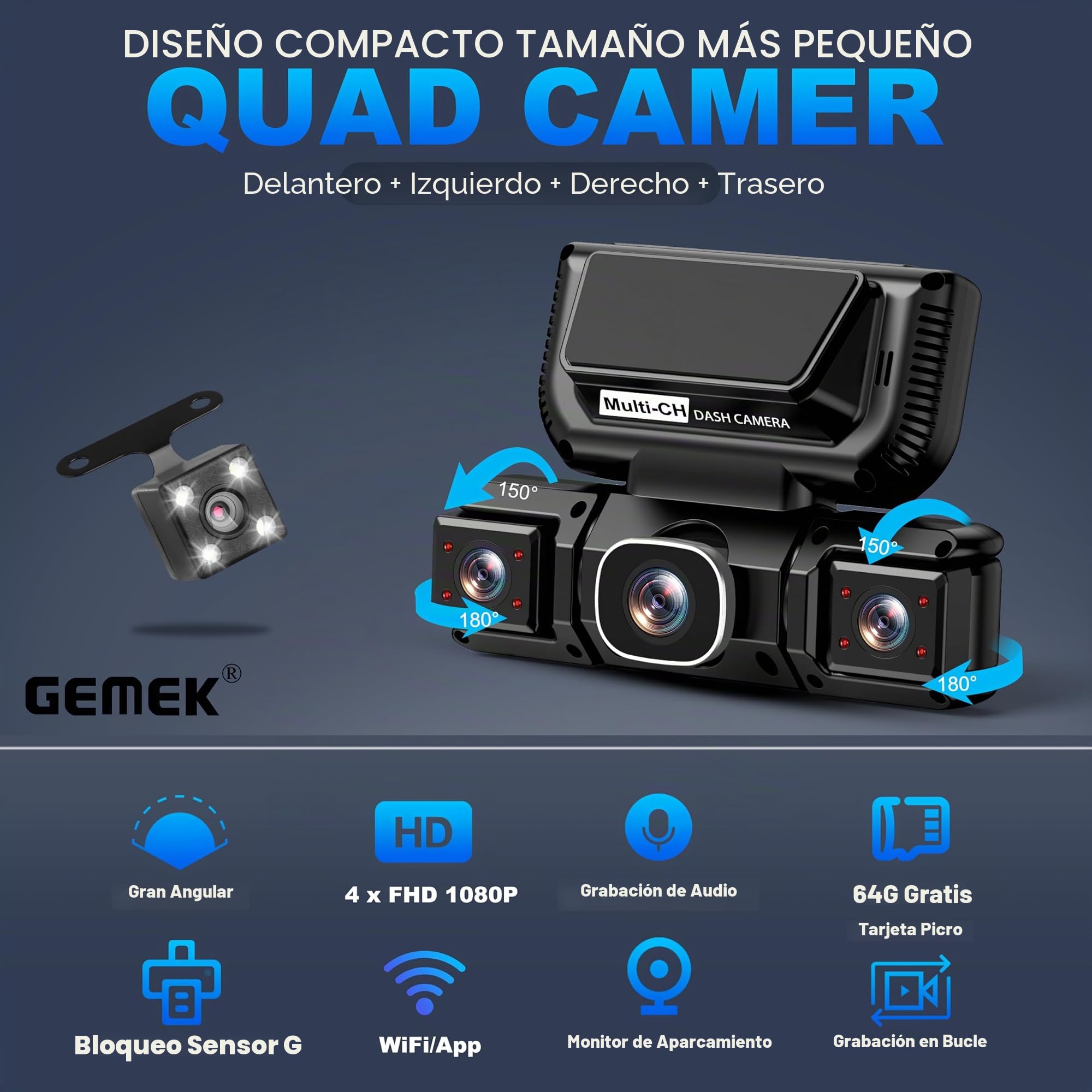 Cámara para salpicadero de 360 Grados y 4 Canales, con WiFi 5G y Control Mediante aplicación, GEMEK 2K: Vista Delantera, Trasera e Interior, Izquierda y Derecha; Tarjeta TF de 64 GB incluida