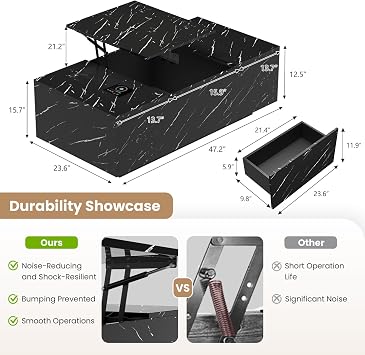 LED Coffee Table, 47.2 Lift Top Coffee Tables with Drawers and Large Storage, Smart Living Room Table with Wireless Charging & Bluetooth Speaker, Dining Center Tables with Storage (Black)