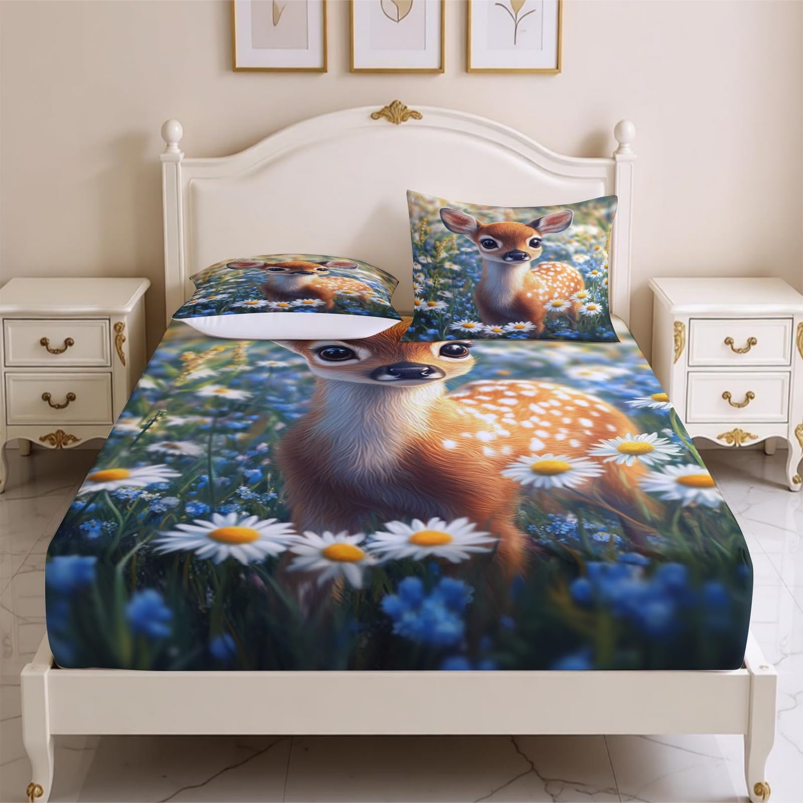 Lenzuolo con Angoli 180 x 200 cm Microfibra cervo dei fiori Lenzuolo Sotto Elasticizzato Profondo 25 cm marrone per Letto Singolo e Matrimoniale