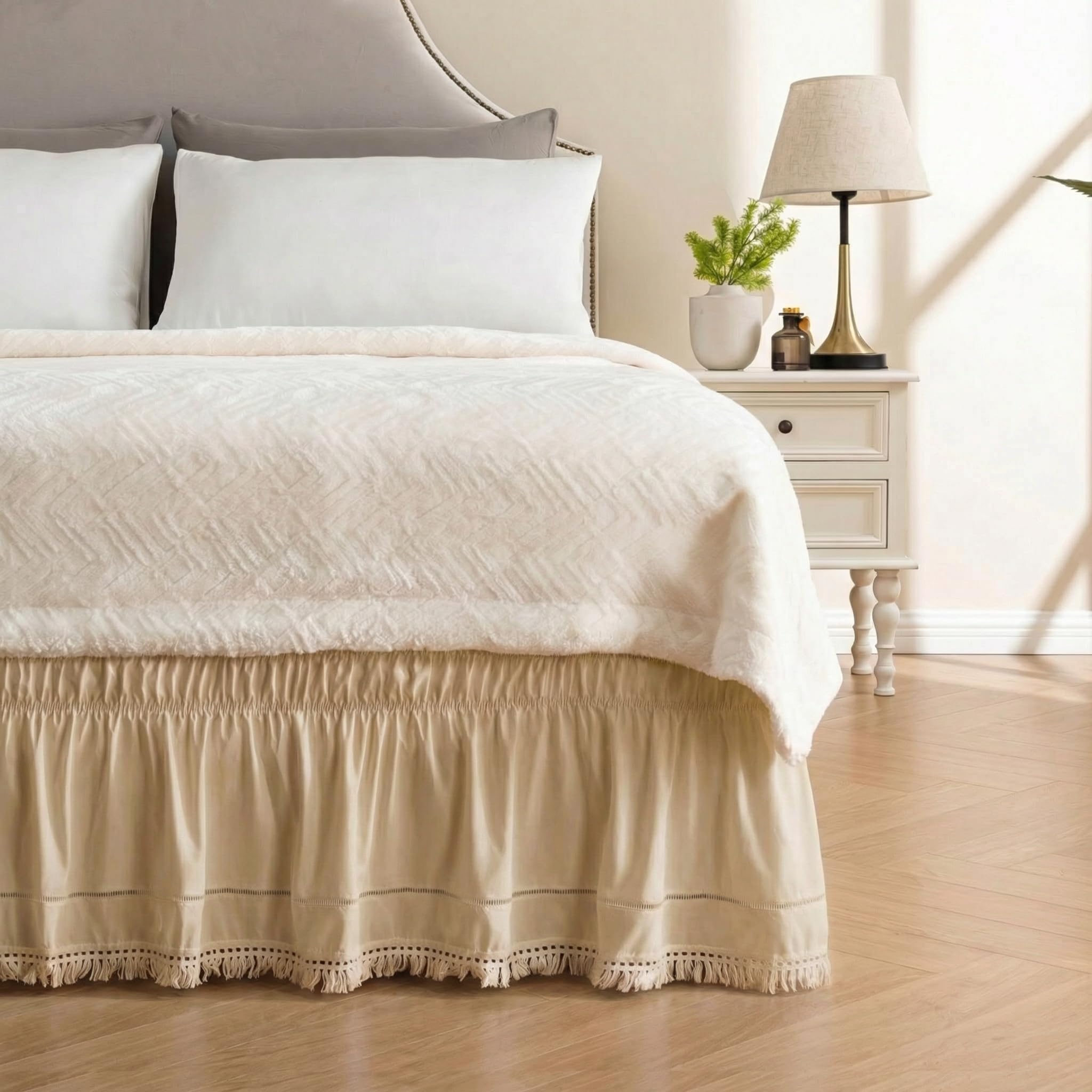MIYE Wrap Around Ruffled Lace Bed Skirt, Elastic Dust Ruffle with Adjustable Belts, Easy to Put On, Bed Frame Cover, Machine Washable (Tassel Ruffle/Cream, Full/Twin-12.5" Drop)