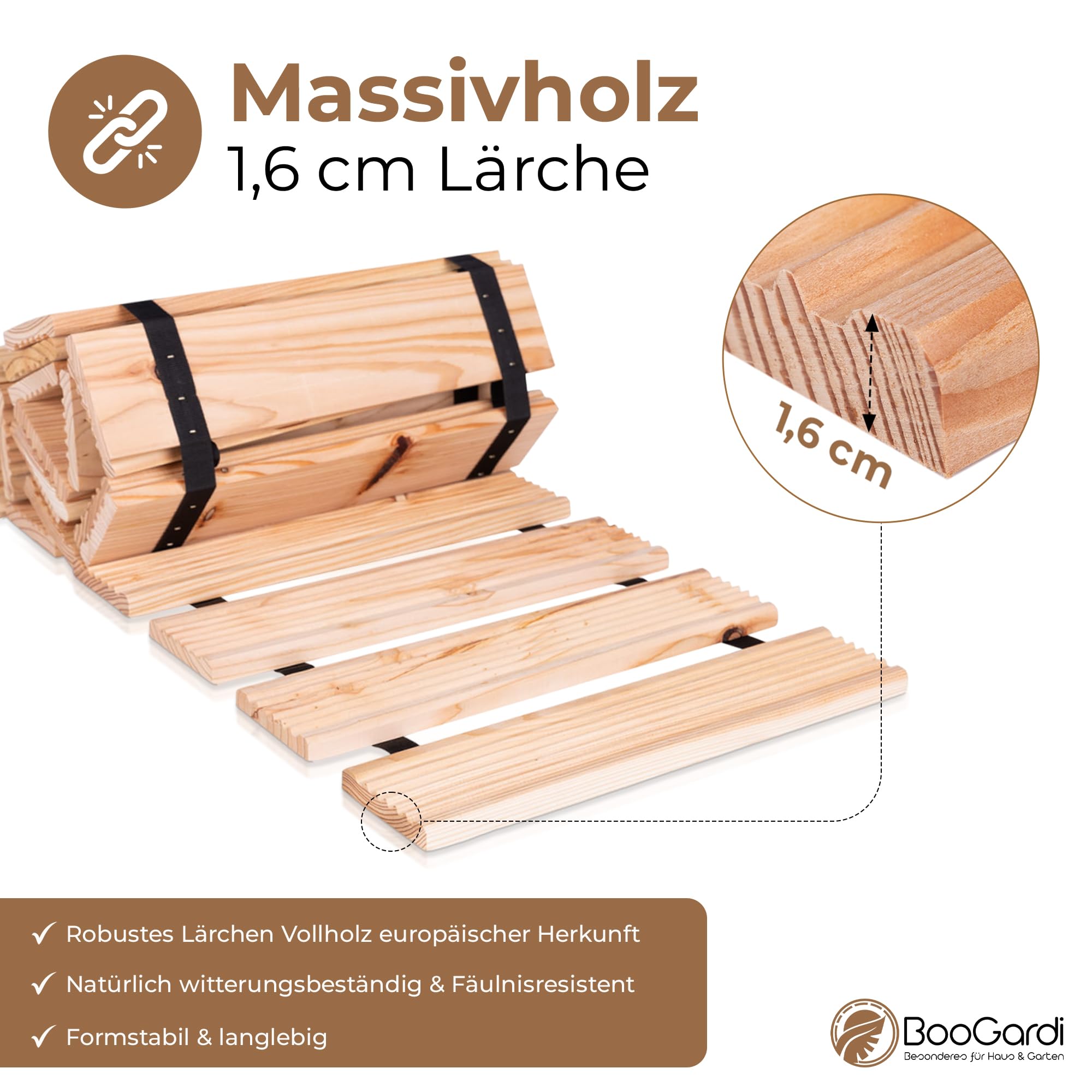 BooGardi Camino de alerce en 6 tamaños 250 cm de largo · 30 cm / 40 cm / 50 cm de ancho · 40 cm distancia entre listones 8 cm · camino de madera para desenrollar · Escalera de madera para jardín
