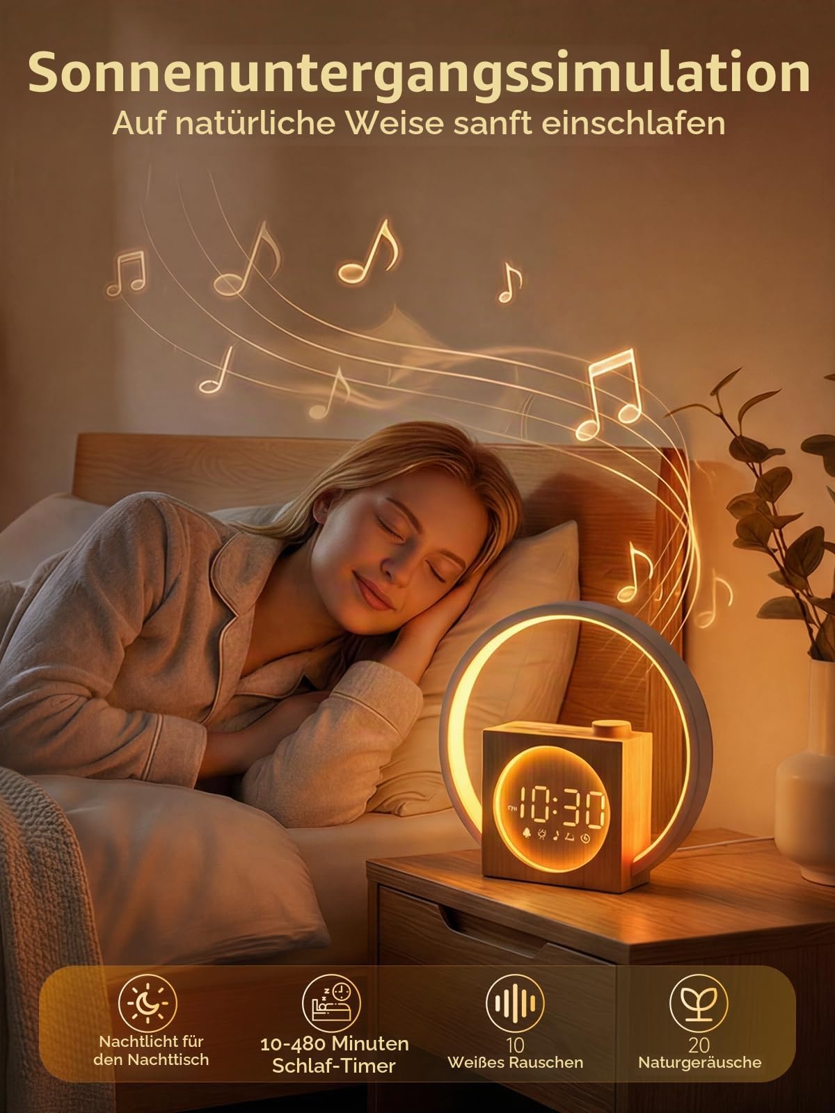 Tageslichtwecker Touch, Lichtwecker mit USB Ladefunktion | Sunrise Alarm Clock mit 20-Stufig Dimmbares, 30 Beruhigende Klänge, 12 Lichtmodi, Snooze, für Schlafzimmer