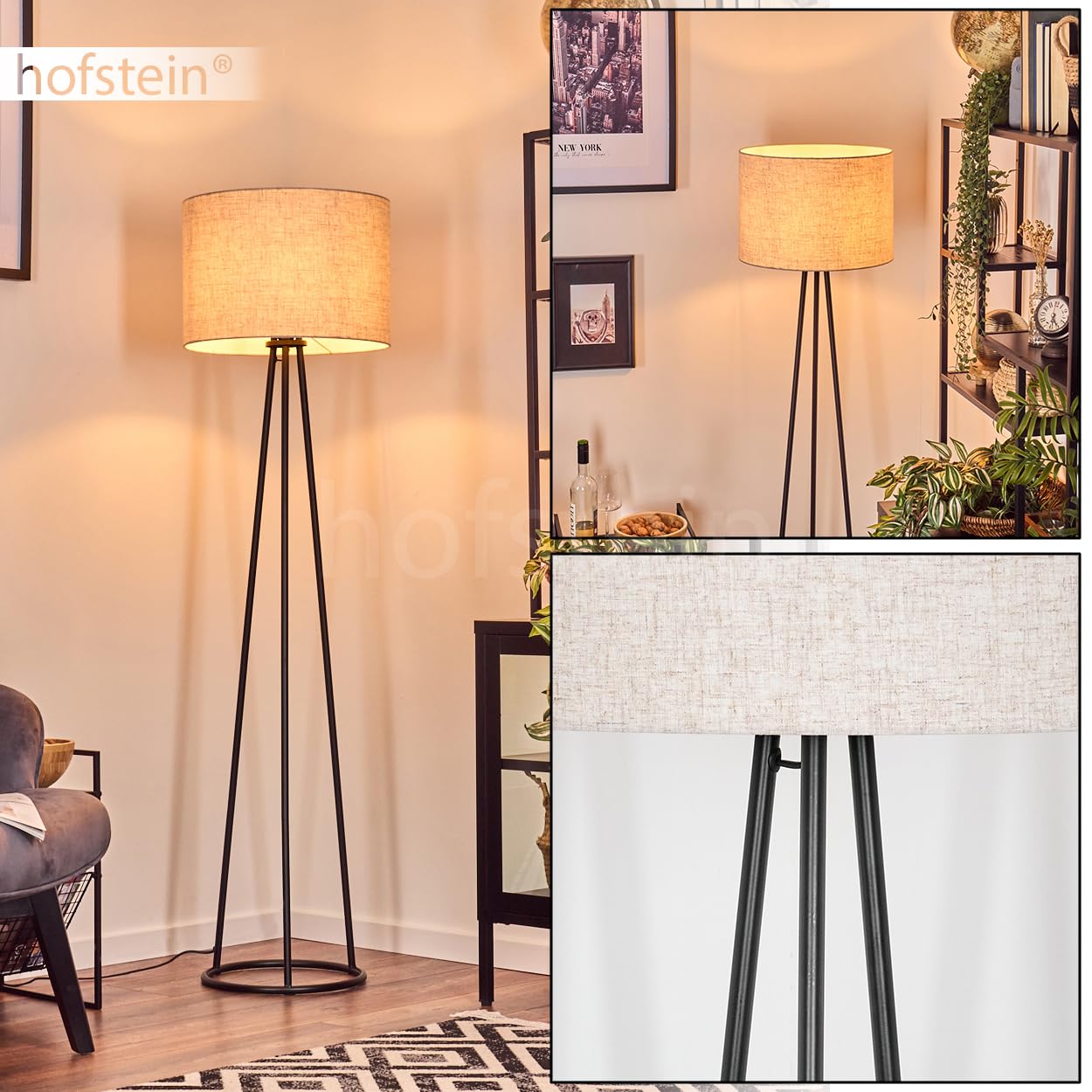 Stehleuchte Bassagoda, Stehlampe aus Metall/Stoff in Schwarz/Beige, Leuchte im modernen Design mit rundem Schirm (Ø 40 cm) u. Fußschalter, Höhe 152 cm, 1 x E27, ohne Leuchtmittel