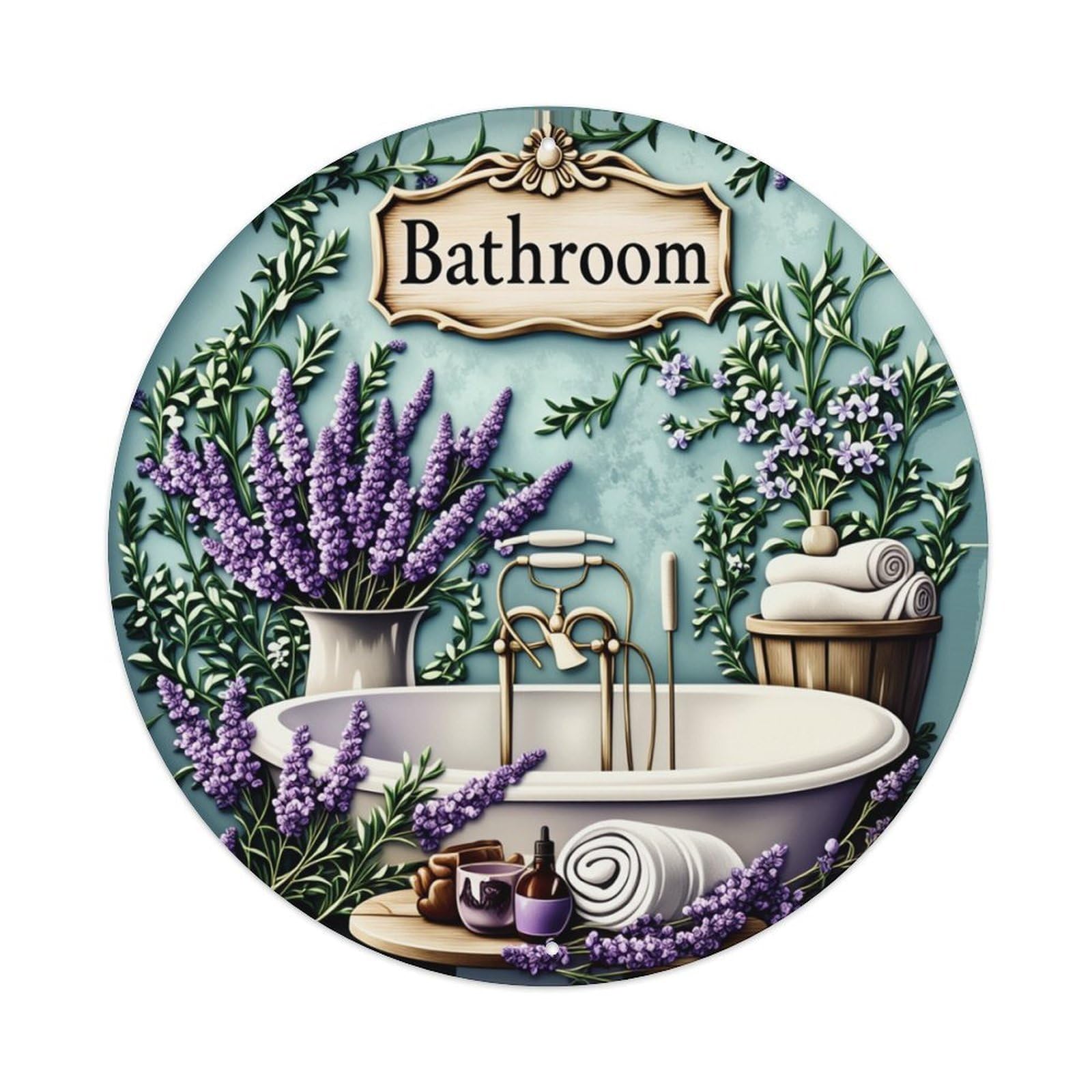 Bathroom Lavender Floral Bathtub Decor Round Tin Sign Retro Metal Sign for Cafe Bar Pub Home Game Room Gym Club Wall Decoration Vintage Metal Poster 8x8 Inch