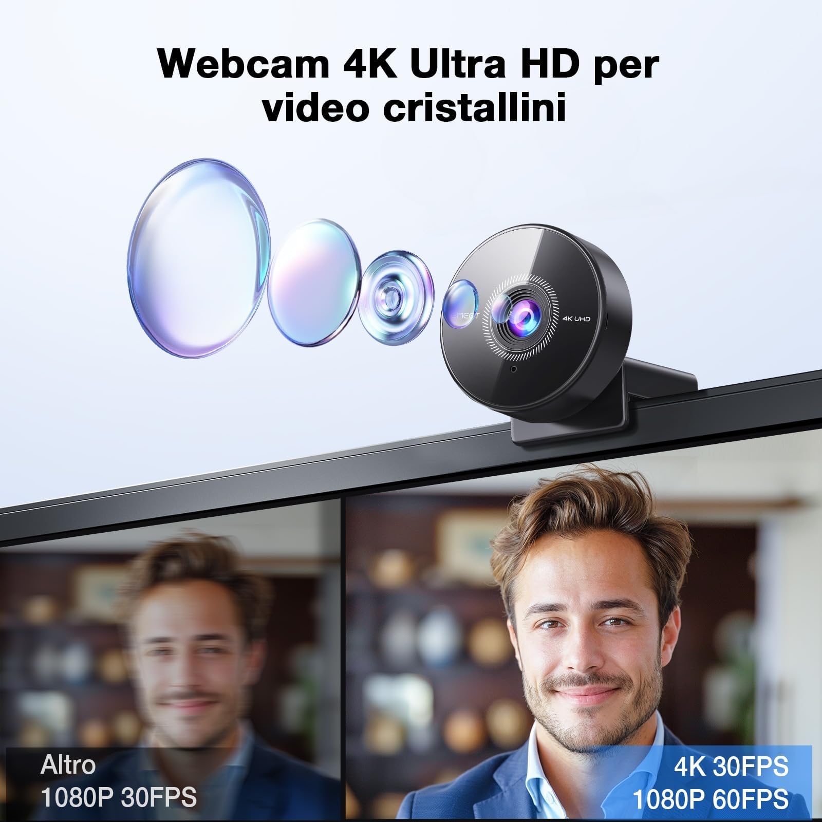EMEET C950 4K Webcam PC, 8 MP 4K UHD, AF PDAF, microfono antirumore, FOV 73°, 1080P@60FPS, protezione privacy, USB 2.0 Plug & Play