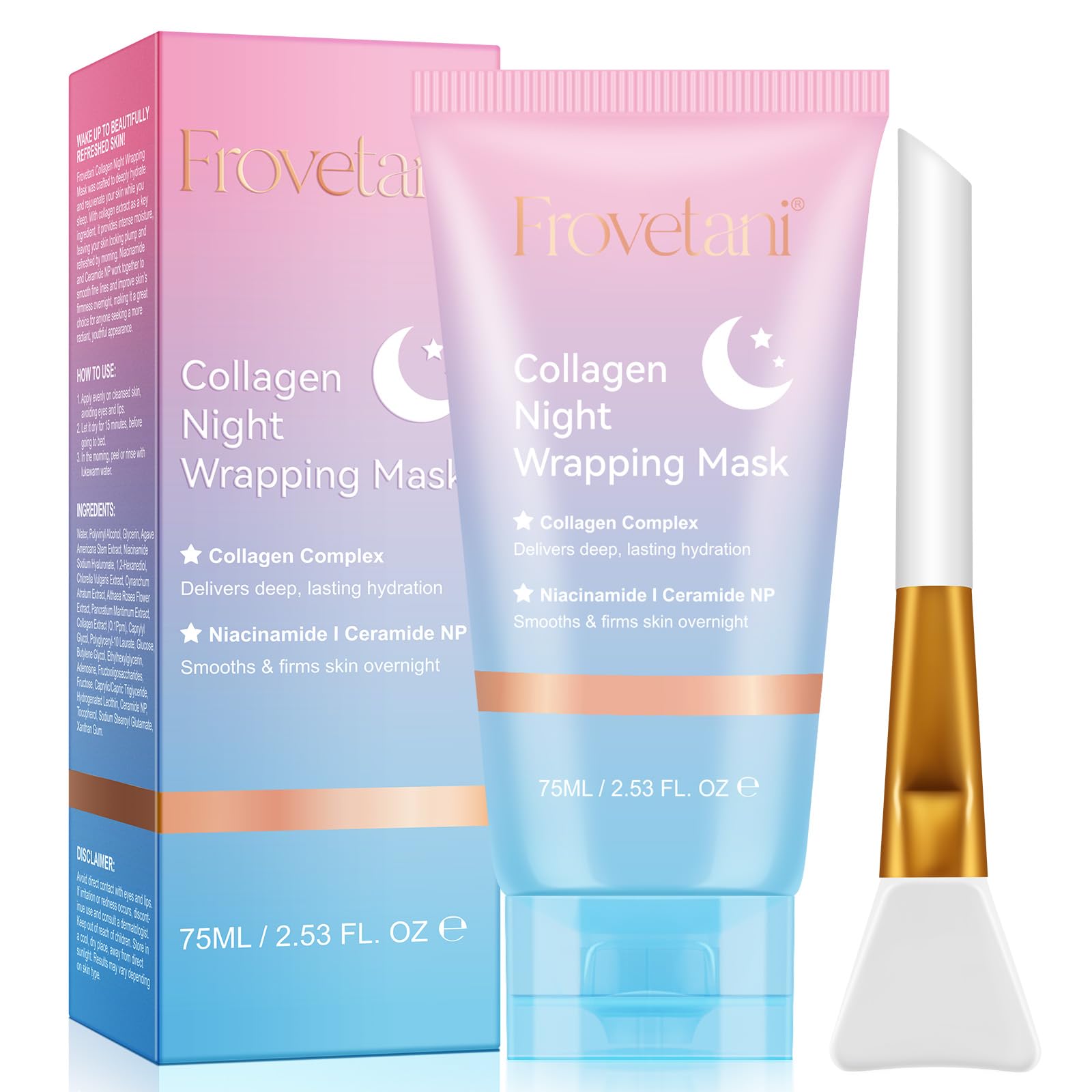 Collagen Night Wrapping Mask, Collagen Face Mask Overnight, Korean Peel Off Facial Mask Skin Care-Deep Hydration Care, Reduces Wrinkle & Improves Skin Elasticity, Brushed Included 75ml