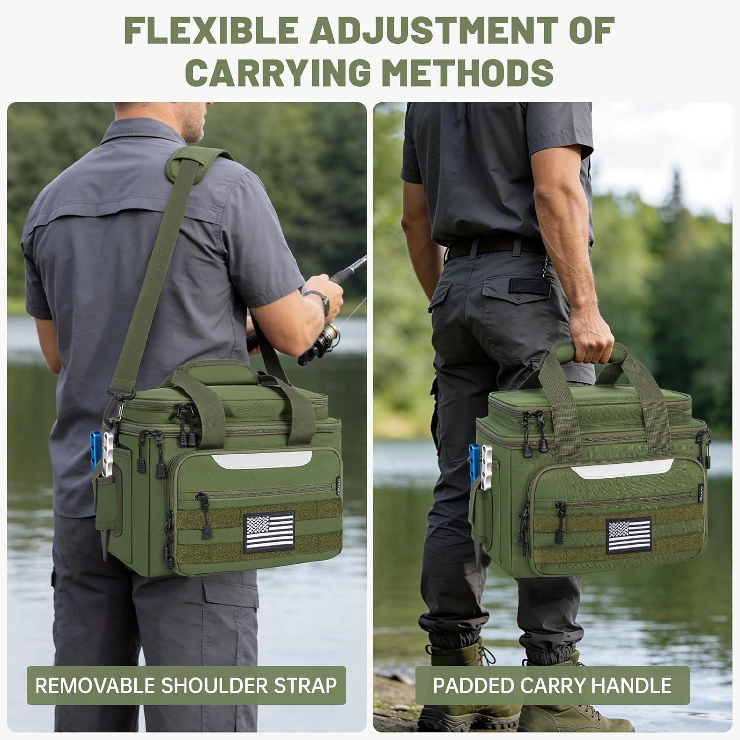 Fishing Tackle Bags with 4 * 3600 Tackle Boxes - Saltwater & Freshwater Compatible, Water Resistant & Durable Fishing Bags with Padded Shoulder Strap - Pliers and Gear Storage Green