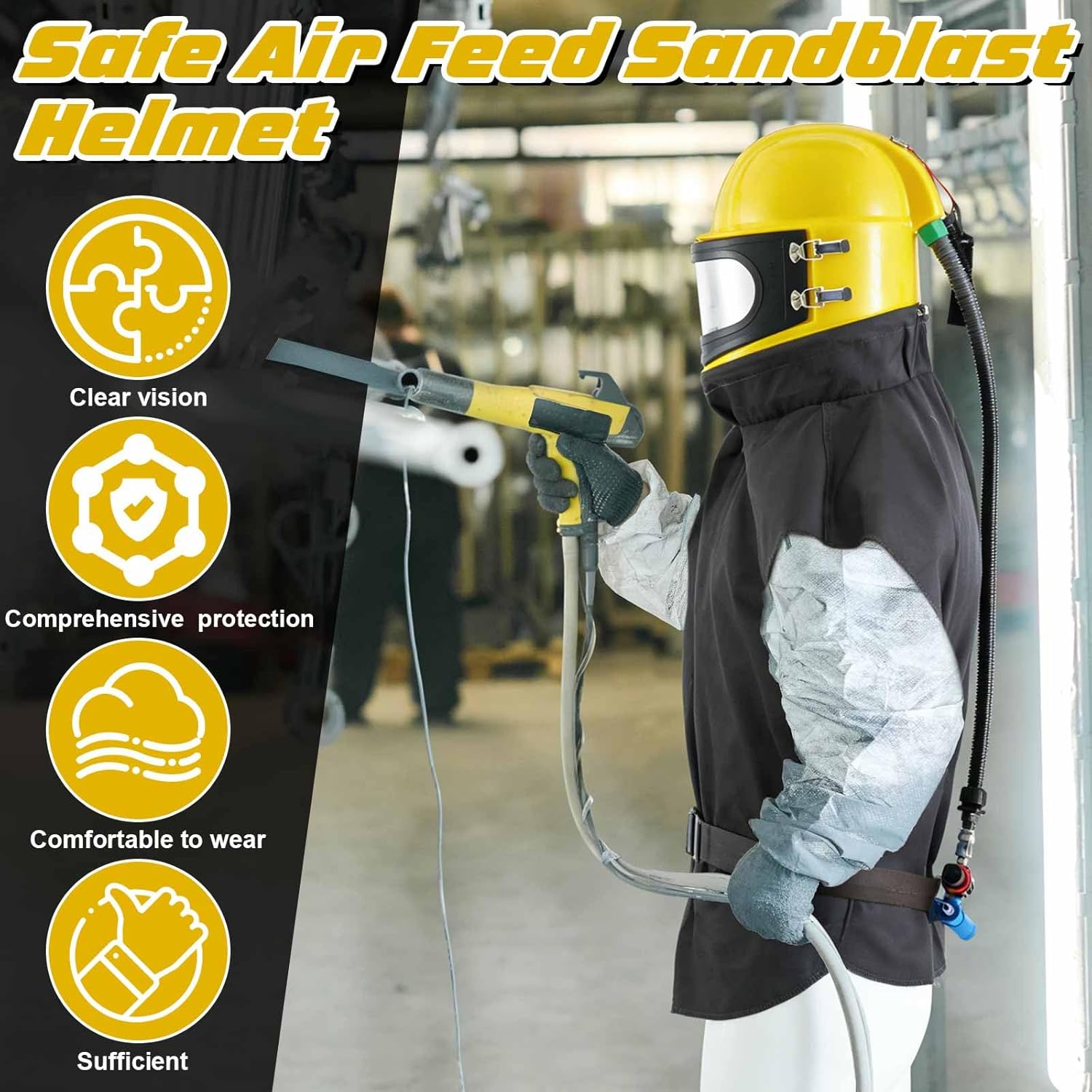 Sandblaster Helmet Set Includ 1 Sandblasting Hood Protector 1 Thermostat and 5 pcs Replacement Outer Lens with Shoulder Protective Sand Blast Hood Protector for Sandblasting Equipped (Yellow) - Image 7