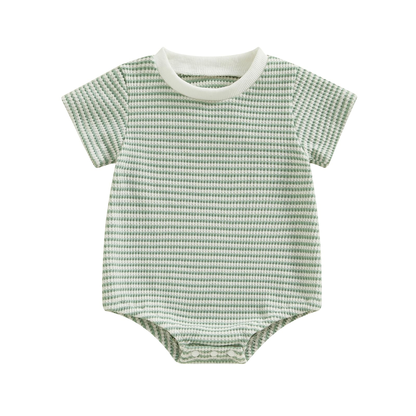 Generic Newborn Baby Boy Girl Waffle Romper Short Sleeve Solid Striped Crewneck Bubble Oversized Bodysuit Infant Summer Outfit (Green, 6-12 Months)
