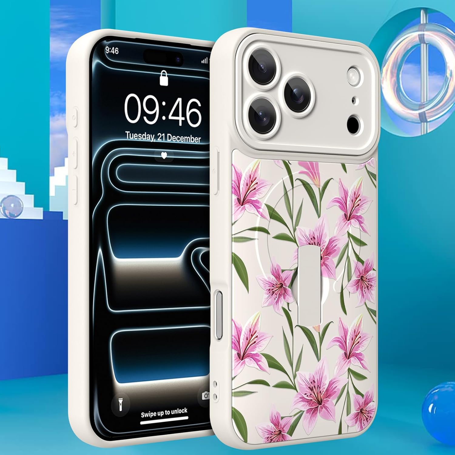 Magnetic Case for iPhone 17 Pro, Cute Pink Lily Flower Floral, Built in Wrist Strap Grip Hand Finger Kickstand Compatible with Magsafe Full Camera Protection Cover for Women Men, White