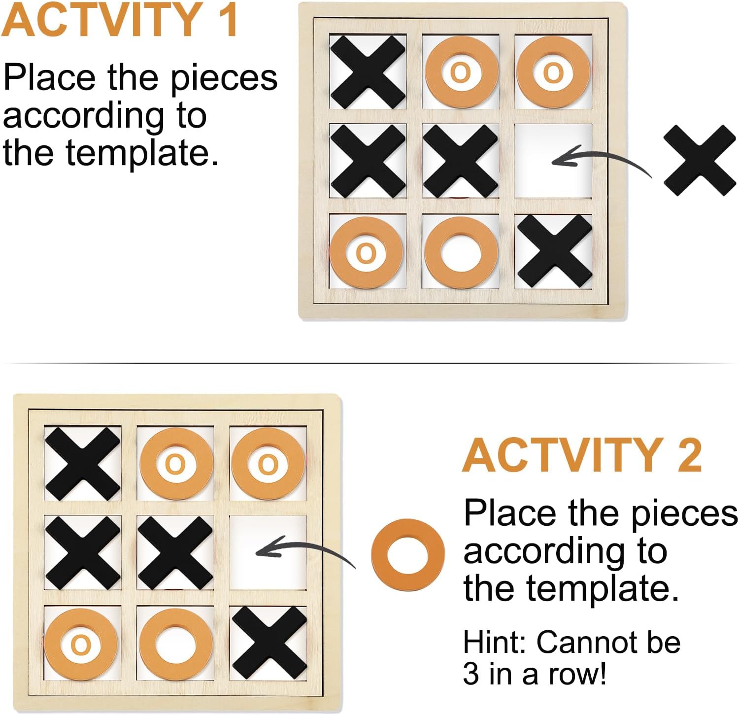 Seenelling Jumbo Wooden Tic Tac Toe Game Dementia Activities for Alzheimers Seniors with Matching and Puzzle Templates XO Chess Board Game for Elderly Engaging Table Decor (Black, Orange)