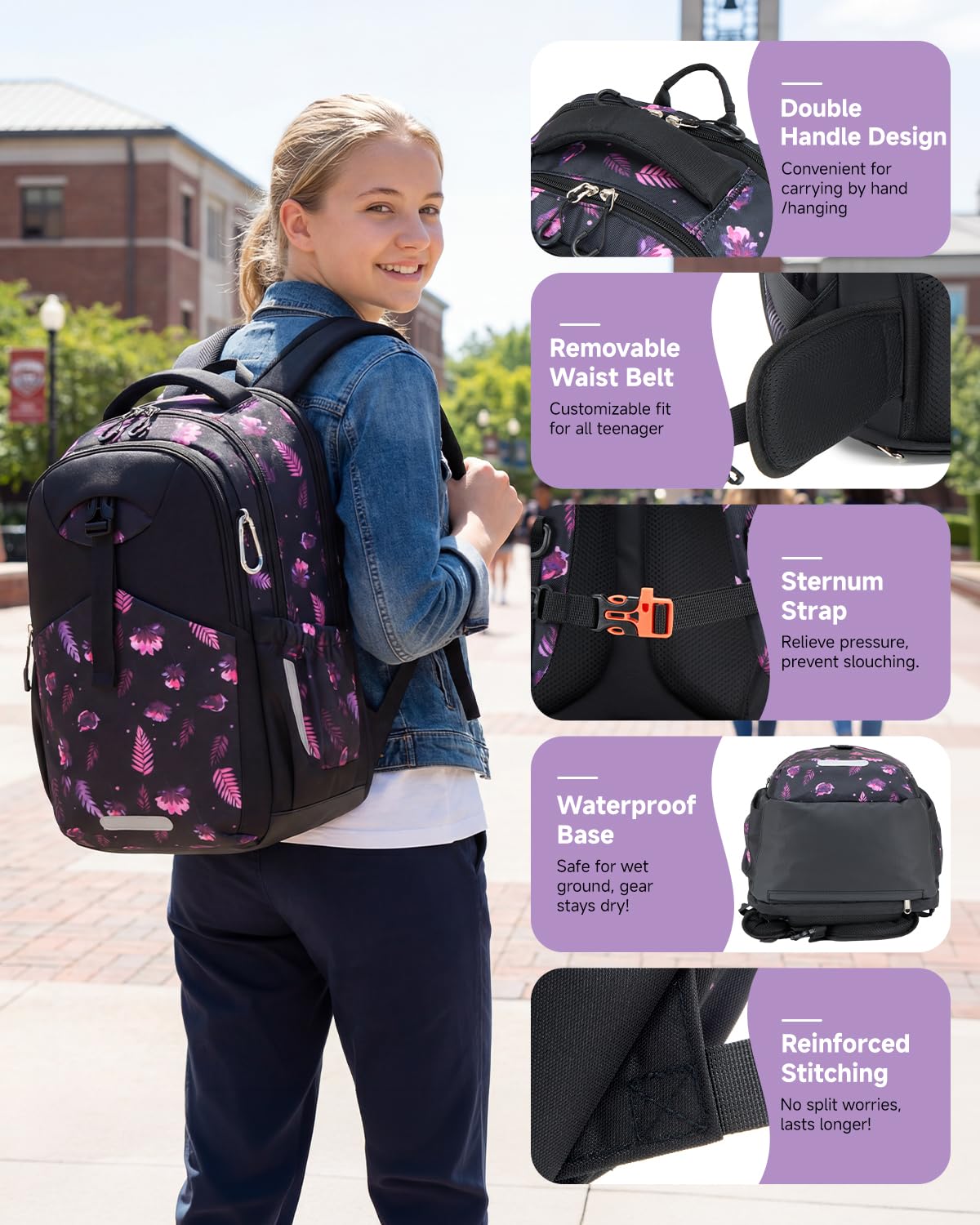 Amythe Schulranzen Teenager Mädchen, Ergonomische Schultasche mit Regenschutz, 30L Schulranzen Wasserdichter mit Abnehmbarem Hüftgurt für Schule, Bergsteigen, Reisen