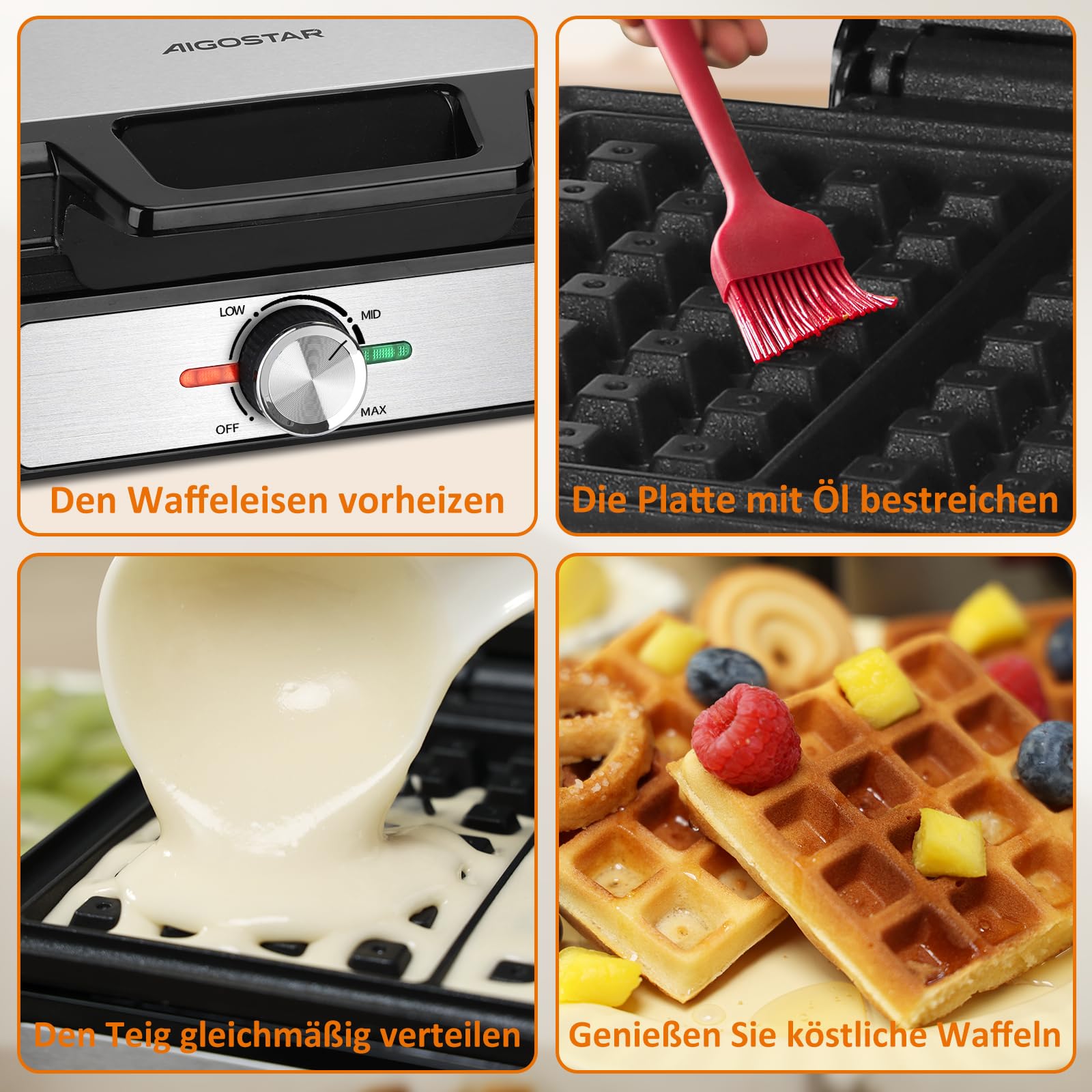 Aigostar Waffeleisen für 2 belgische Waffeln, 1600W, Antihaftbeschichtung, 20,2x17,2x2 cm, Waffelautomat mit einstellbarer Temperatur, LED-Anzeige, kompaktes Edelstahl-Design, BPA und PFOA frei