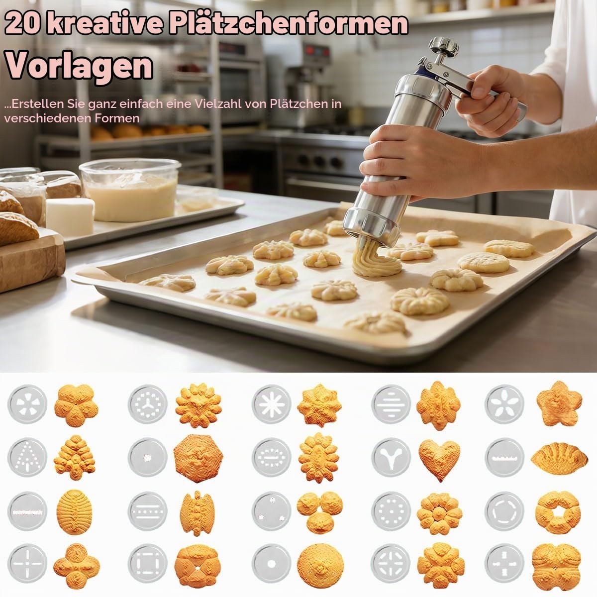 Plätzchenpresse Garnierspritze Edelstahl mit 20 Mustern & 8 Spritztüllen & Teigschaber Plätzchen Spritze Teigspritze Teigpresse für Spritzgebäck Tortendeko Butterkekse Sahne Hobbybäcker