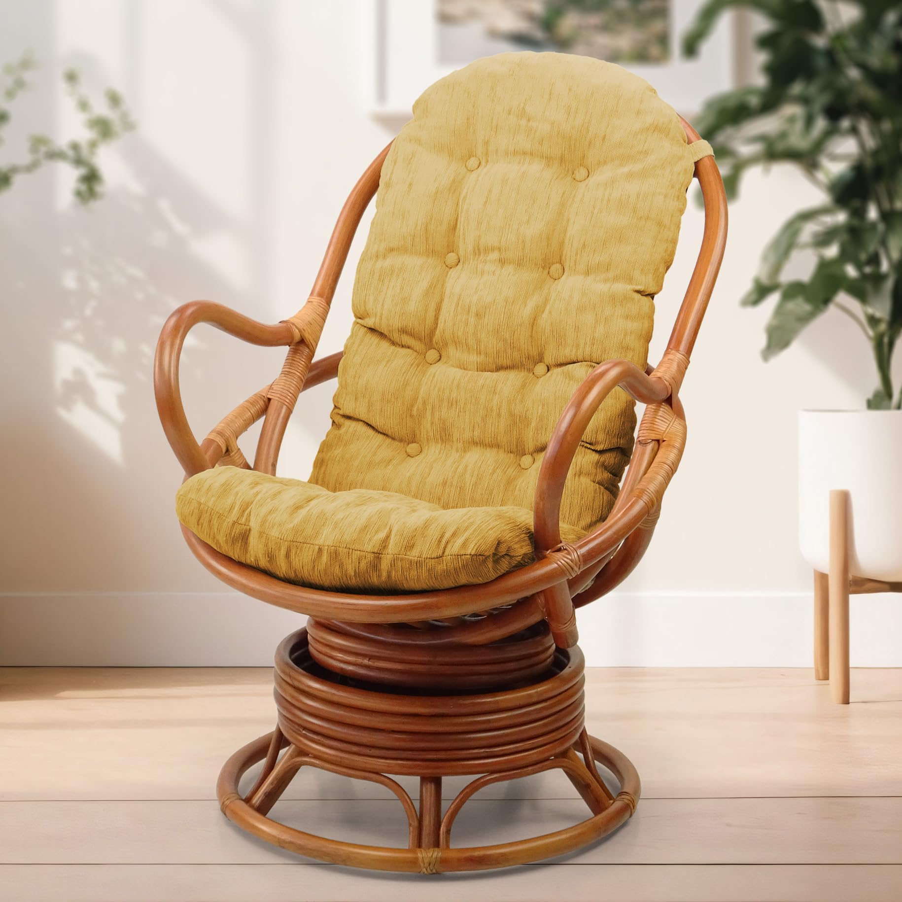 Java Lounge Swivel Rocking Chair with Light Brown Cushion Natural Rattan Wicker Handmade, Colonial Color