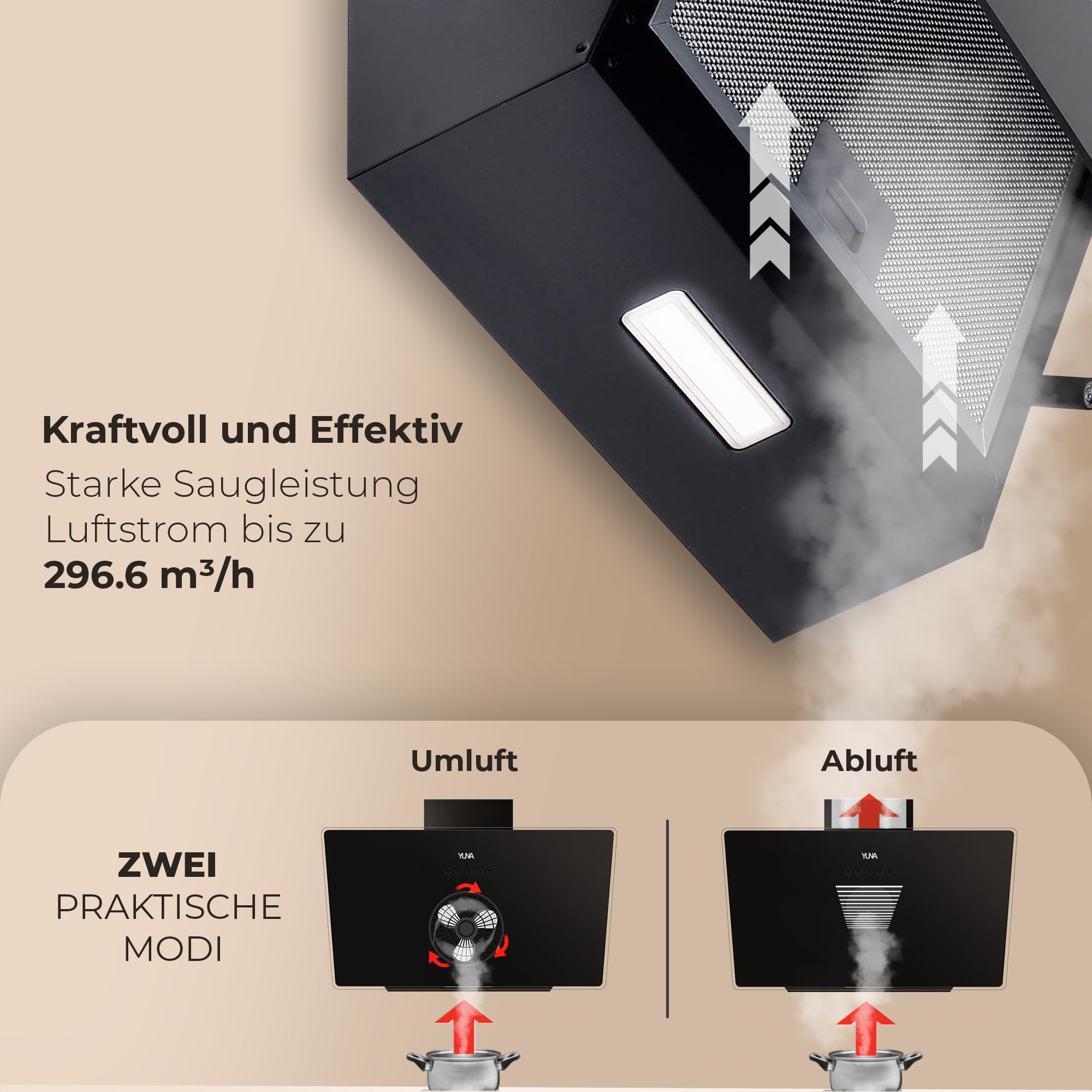 YUNA Dunstabzugshaube DUANA 60 cm Schwarz Glasfront 3 Leistungsstufen Abluft Umluft Kopffrei LED Beleuchtung Ohne Kohlefilter