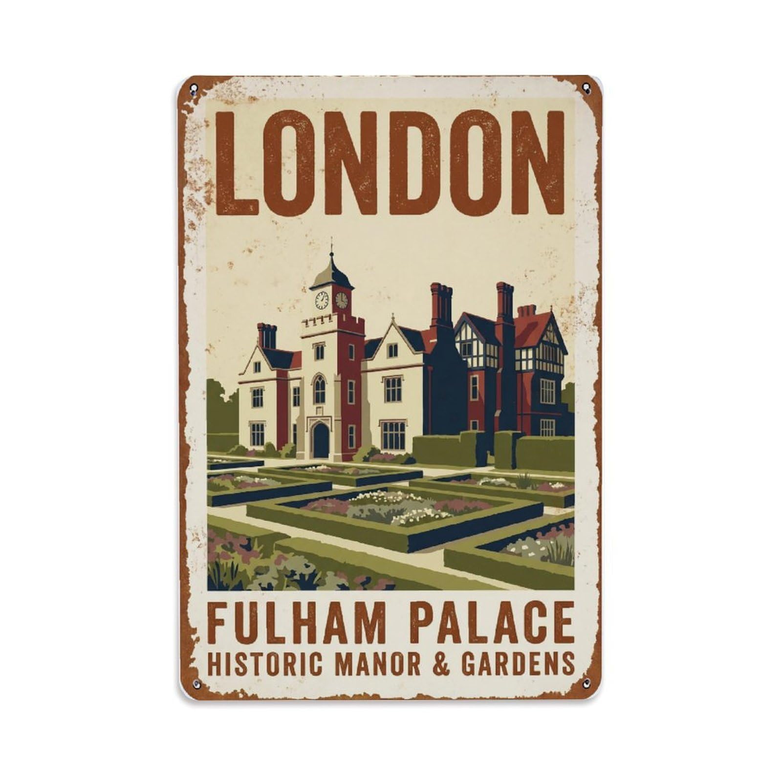 Vintage Travel London Fulham Palace Historic Gardens Rusted England Metal Tin Sign Plaque Wall Decor for Cafe, Club Bar, Office, Home Garden Metal Poster 8x12Inch