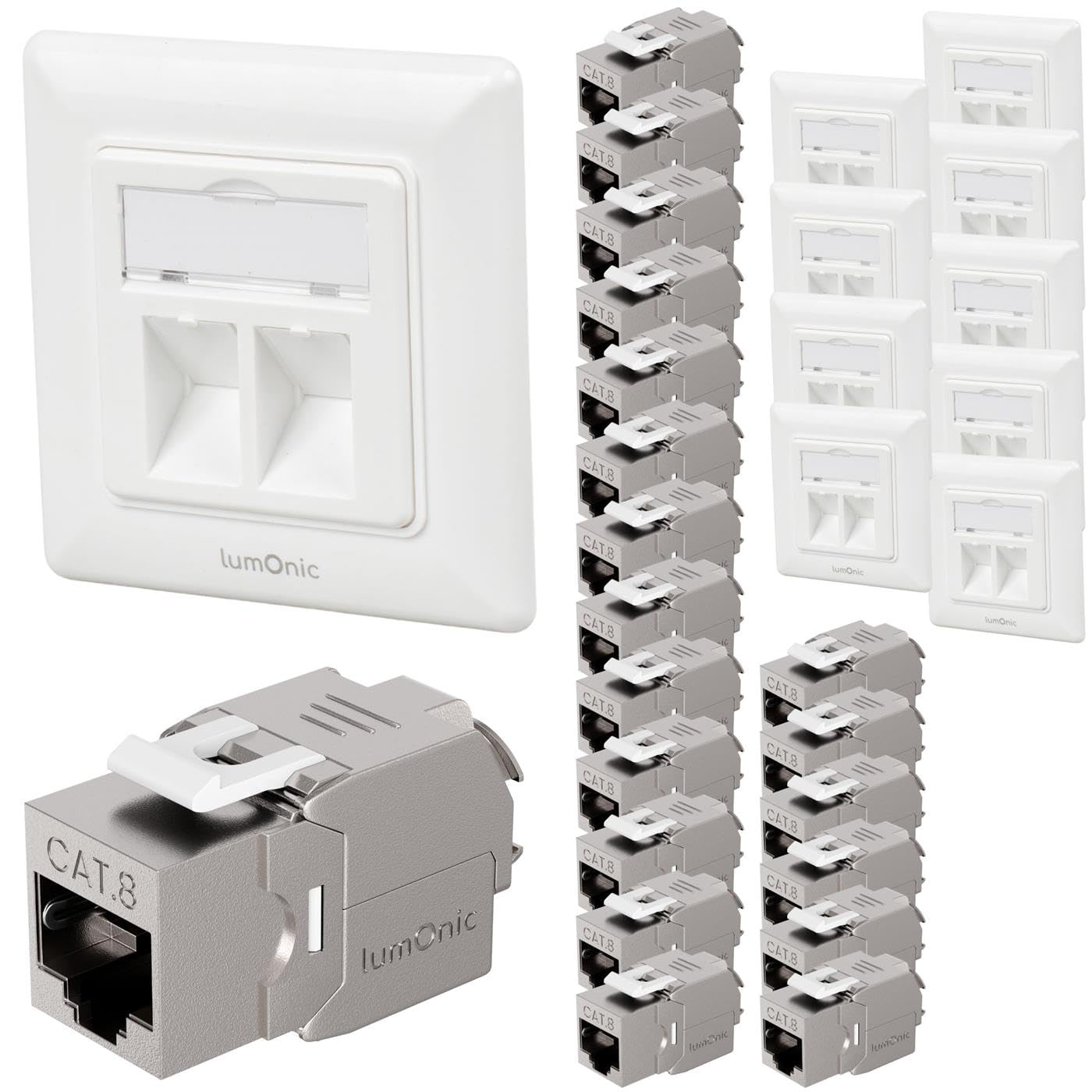 Lumonic Lote de 10 Marco Empotrado Keystone Incl. 2 módulos CAT8 | 2 Puertos a presión I Montaje Keystone sin Herramientas | Ethernet hasta 40 Gbit/s AWG22-24 | RJ45 Totalmente blindado |