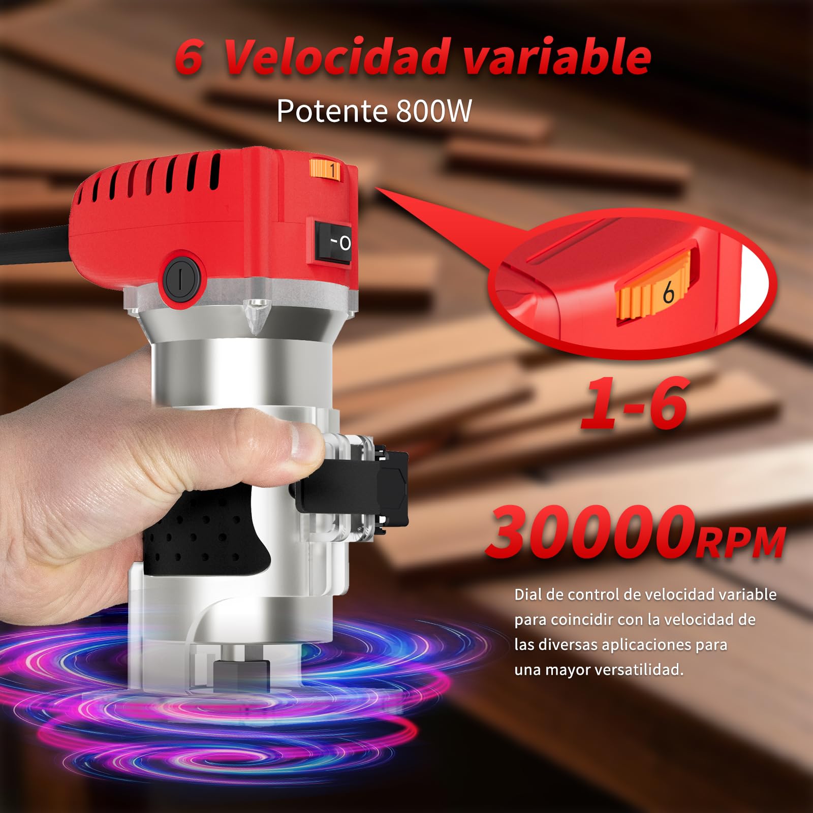 Fresadora de madera 800 W, 6 velocidades variables, 6,35 mm, cortador eléctrico de madera con juego de 15 puntas de 1/4 pulgadas, 30000 RPM Rebajadora Eléctrica
