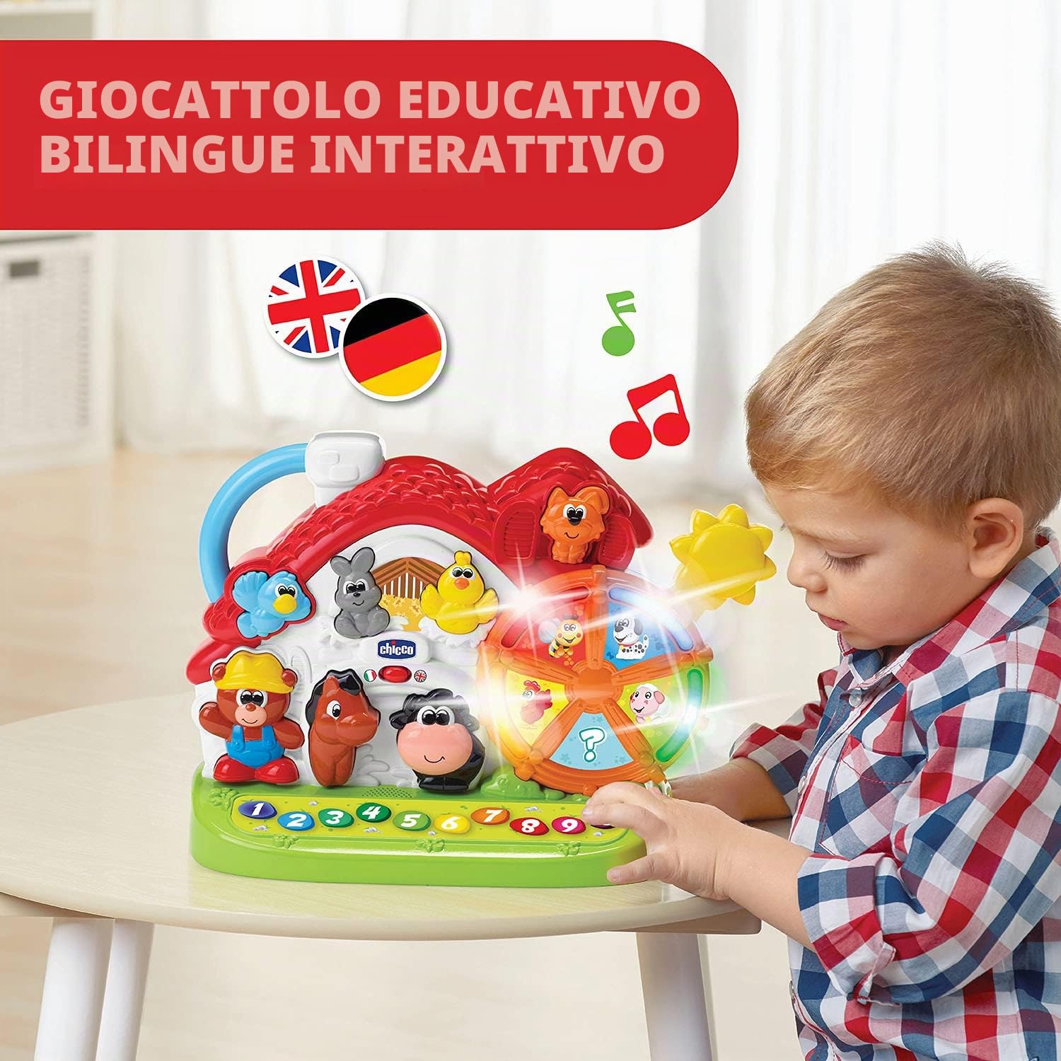 Chicco Fattoria parlante Giocattolo Musicale bilinguale Tedesco e Inglese, Giocattolo con Animali, Luce e rumori, 3 possibilità di Gioco, Giocattolo educativo elettronico, per Bambini da 1 a 4 Anni