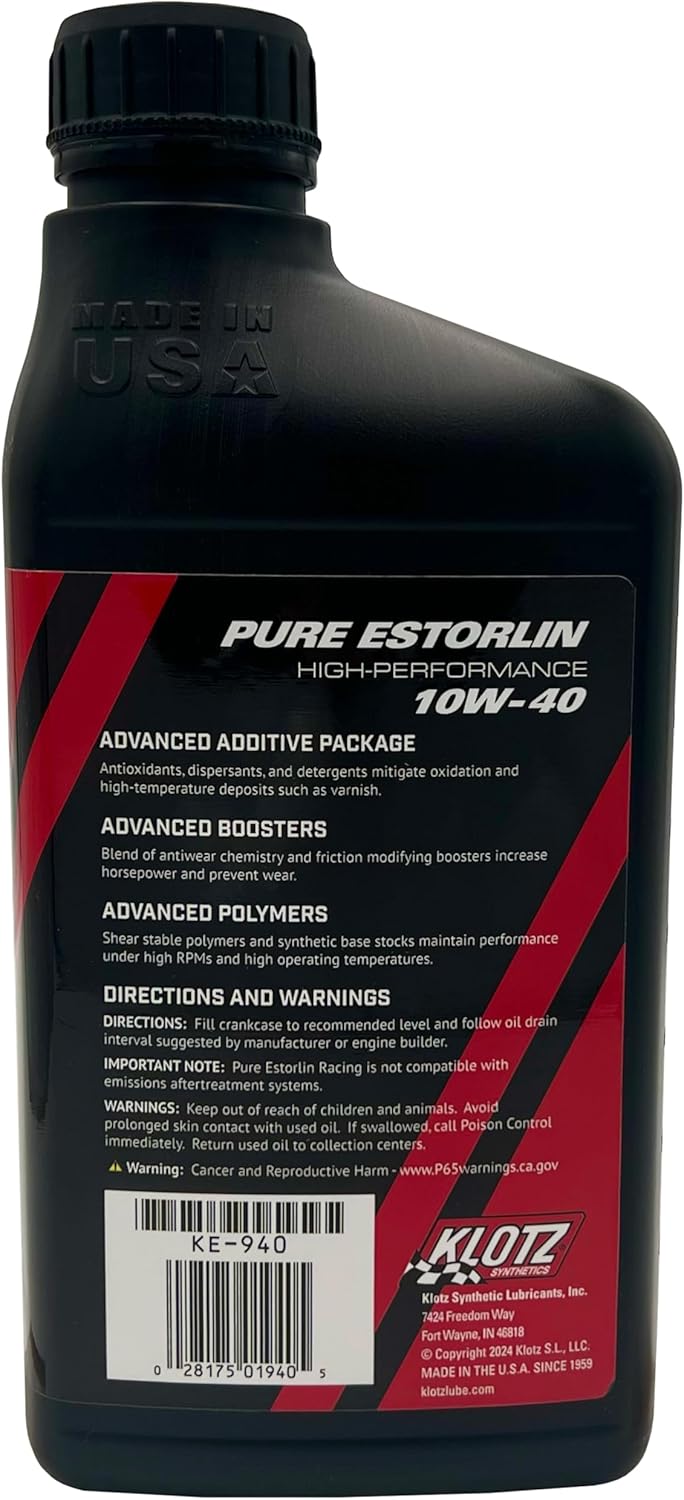 Klotz Pure Estorlin Racing Synthetic Engine Oil Lubricant | High-Performance Wear Protection & Friction modifying Chemistry for Dedicated Racecars (10W-40)