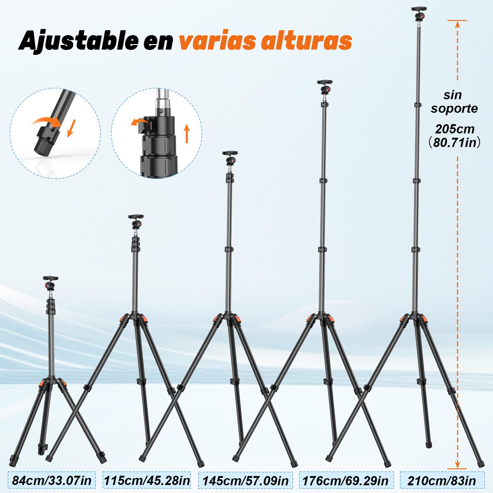 XXZU 210cm Soporte de Luz con Cabezal Esférico, Tripode para Fotografía Portátil Reversible Carga Máxima 4kg Trípode de Estudio para Softbox/Reflectores/Flash/Anillo de Luz/Cámara/Teléfono