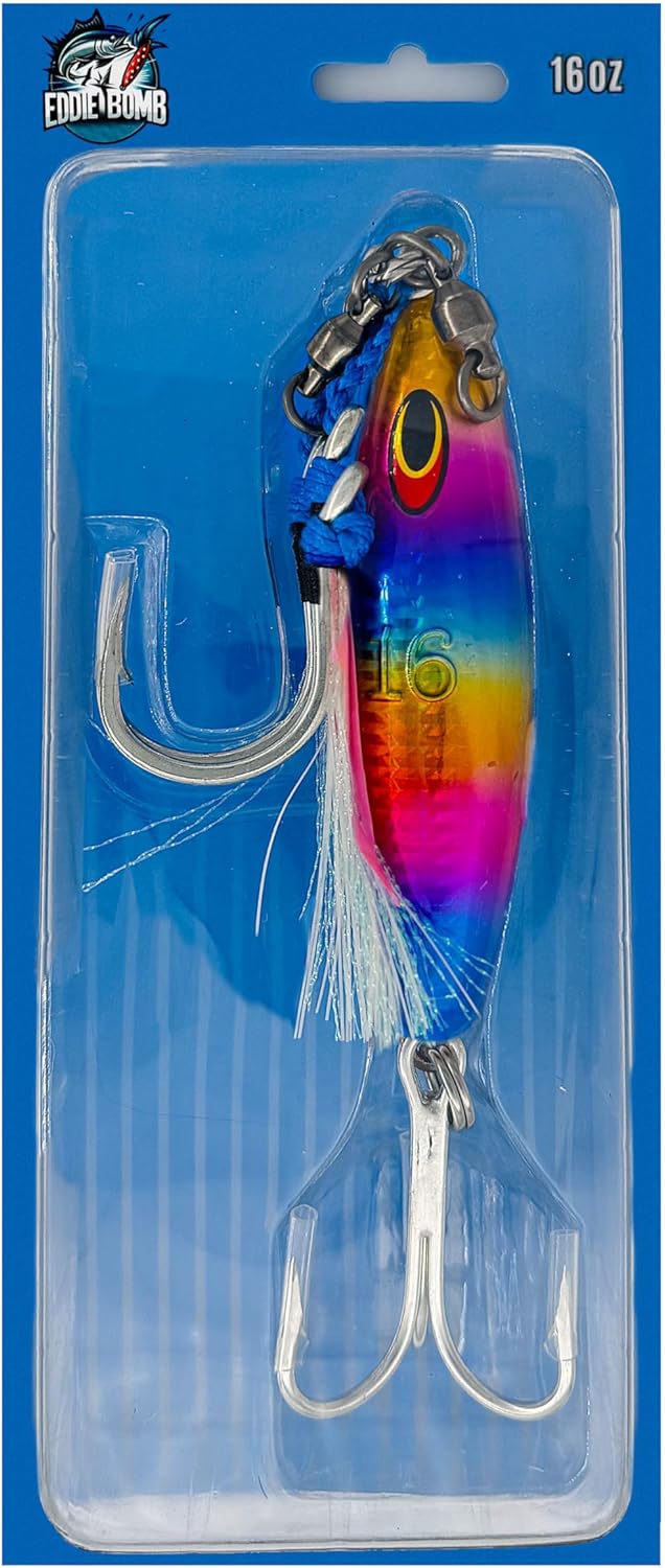 5" Eddie Bomb Jig 16oz, 2 Pcs Rasta Color Rigged & Unrigged, for Offshore Tuna Jigging, Includes Heavy-Duty Jig Bodies, Ideal for Bluefin Tuna & Big Game Saltwater Fishing