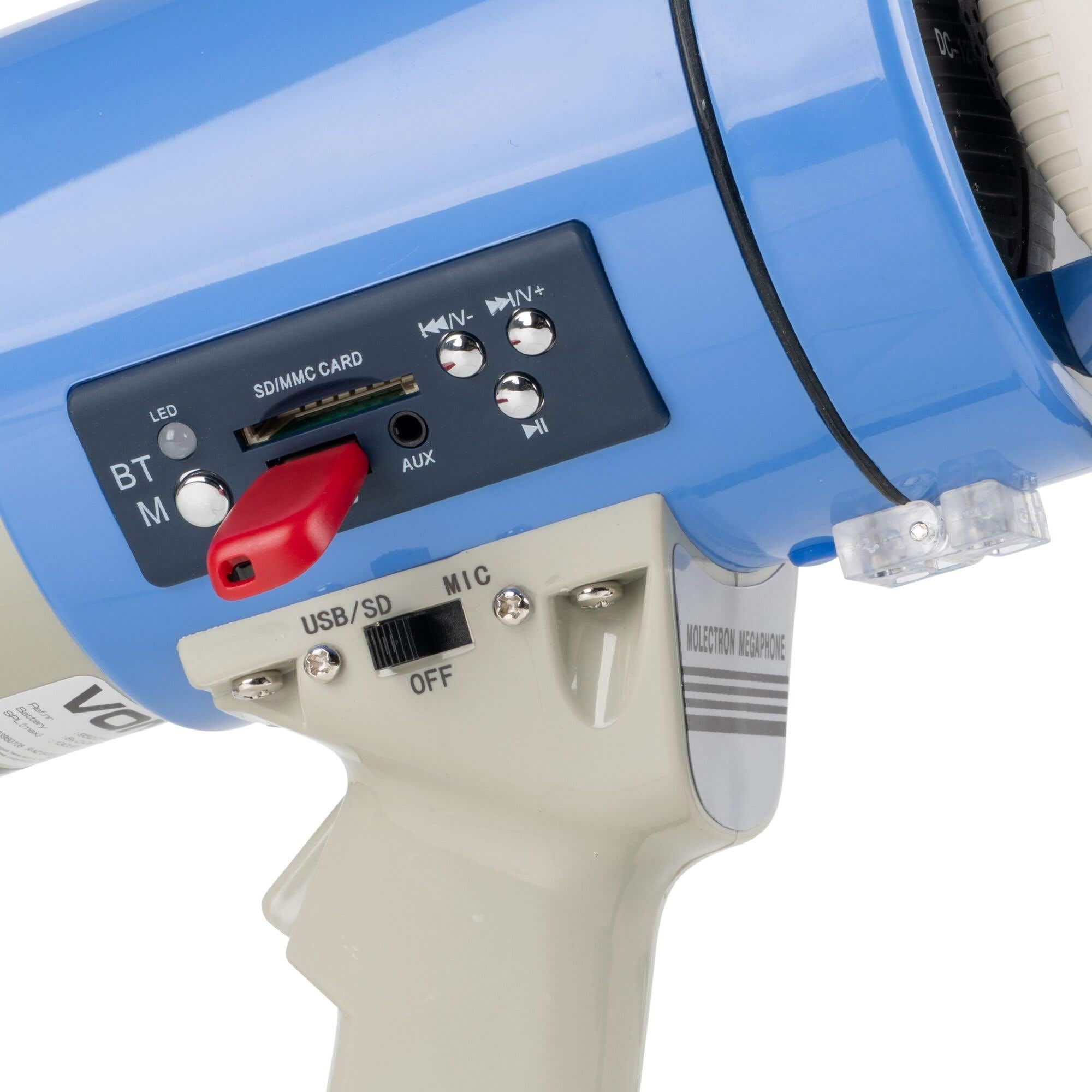 Vonyx MEG060 - Megafon Set mit Akku und Tasche, Aufnahmefunktion, 60 Watt, bis 1 KM, MP3, USB, SD, AUX, Megaphon mit Umhänge-Gurt, blau-weiß