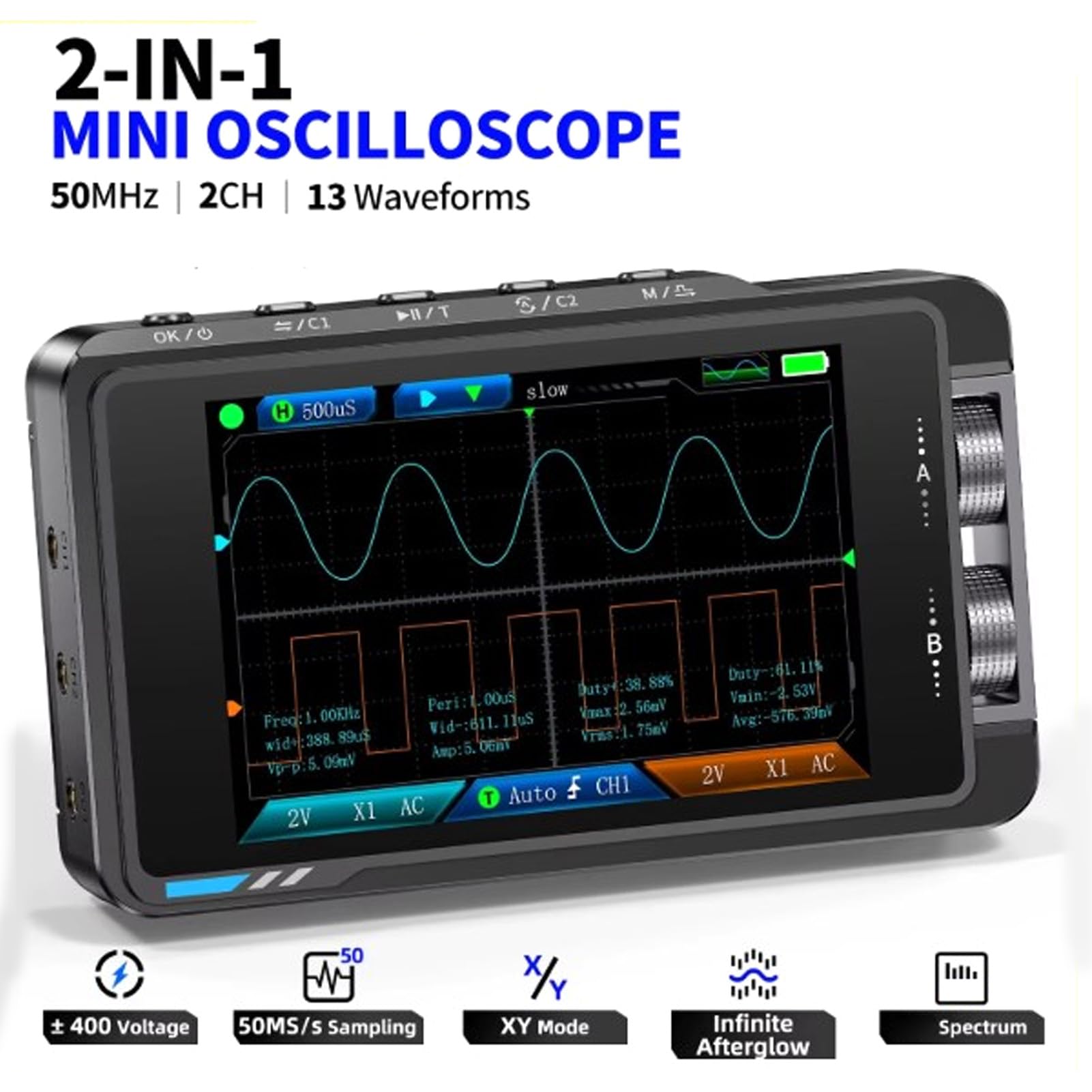 50 MHz Digitales Oszilloskop mit Handheld Tablet 2PCS -Sonden Wellenformgenerator Zum Testen von Multimeter -Automobil Scope DSO Kit USB Mini Zubehör für Labor und Electricas