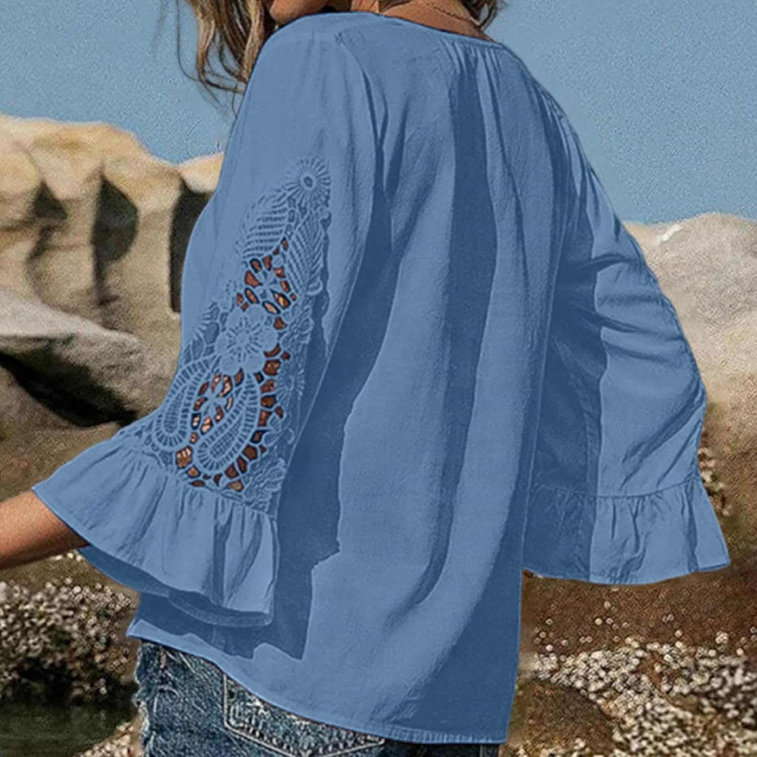Womens V Neck Blouses Hollow Out 3/4 Length Sleeve Pullover Tops Business Casual T Shirts Spring Summer Outfits