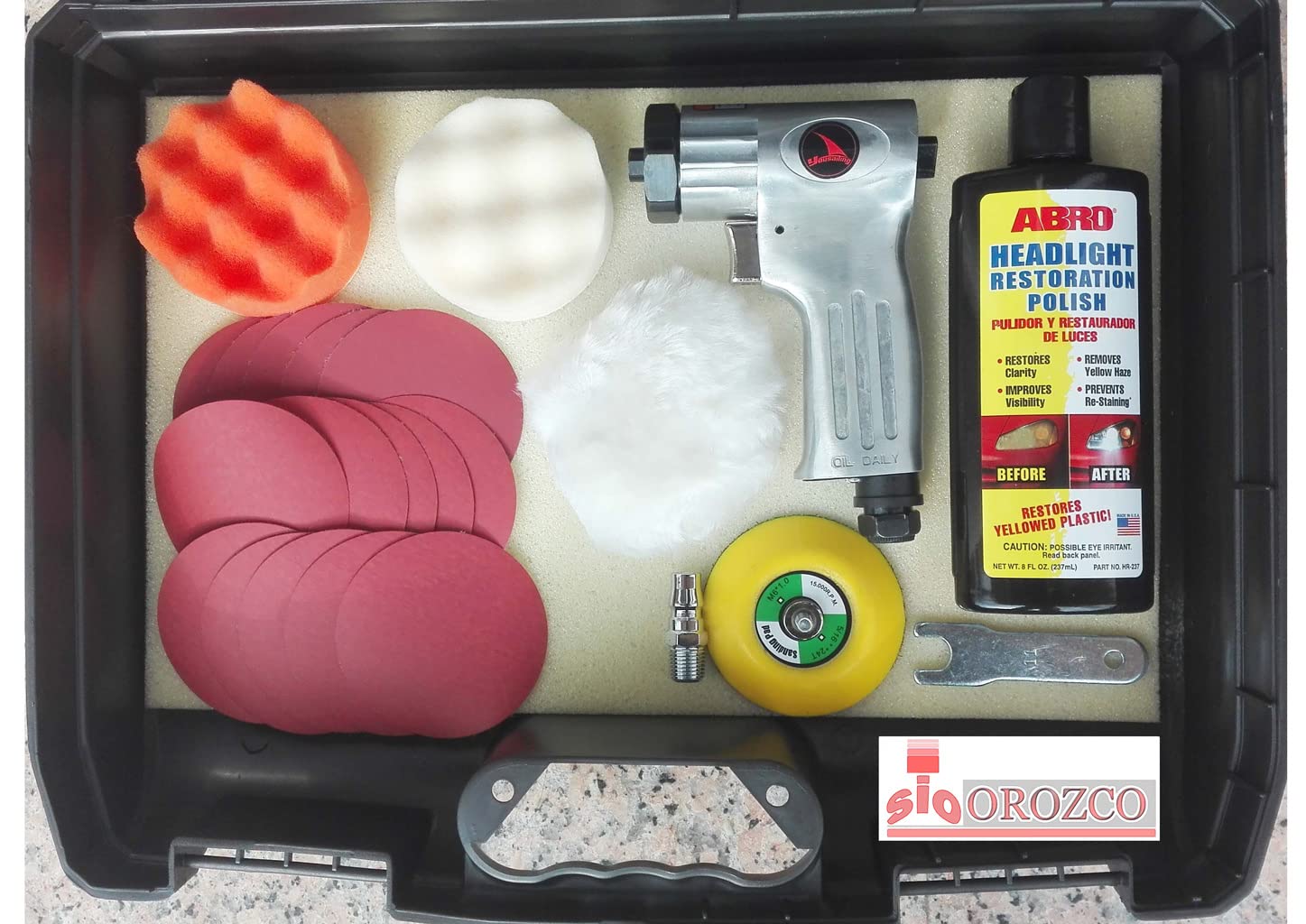 SIO Kit Completo Pulidora para Faros de Coche y Retoques de Pintura – Set Restauración Faros Pulido Abrillantado Lijado y Detailing Automoción – Herramientas Taller Carrocería - Juego Pulir Faros