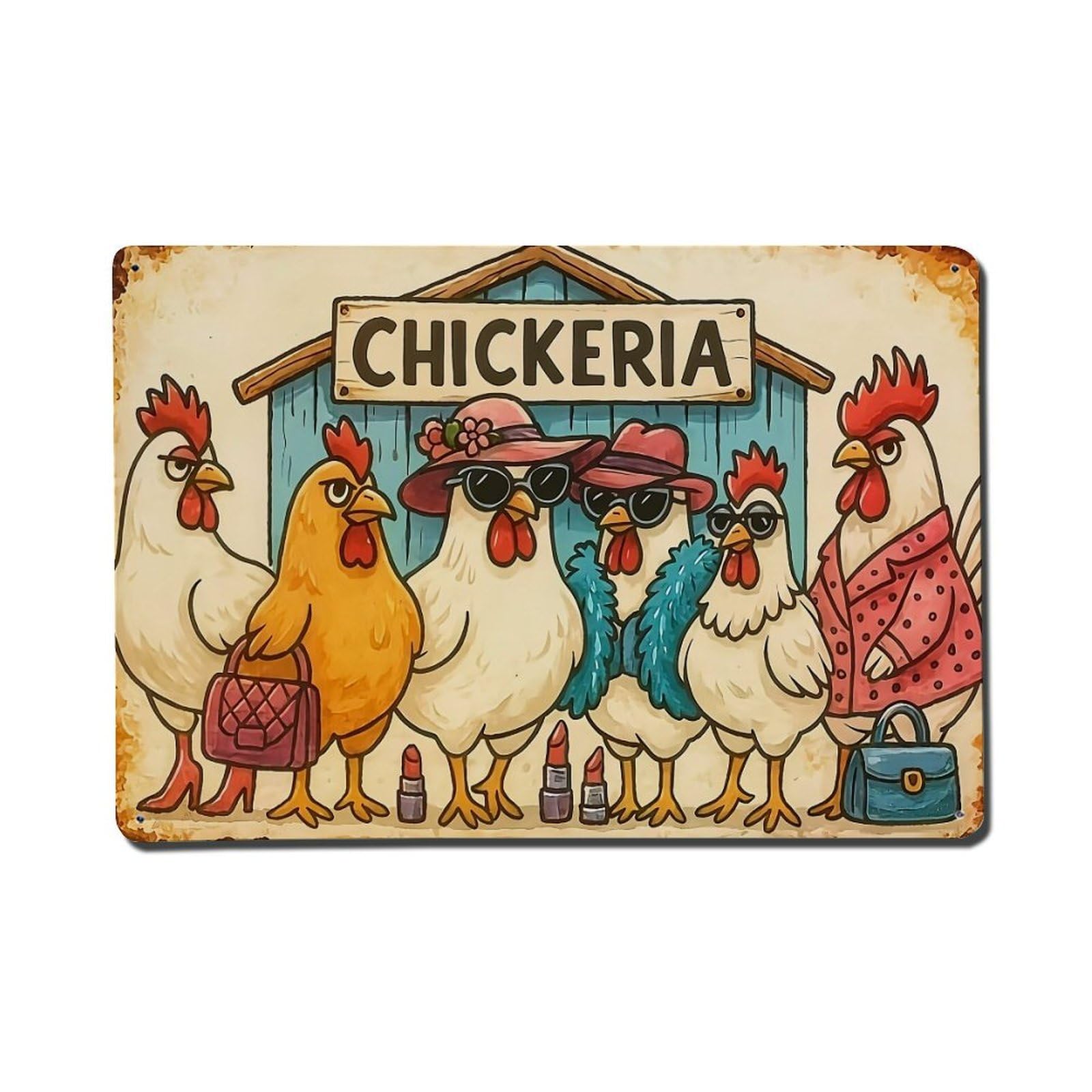Chicken Fashion Party Scene Art Vintage Tin Sign Retro Metal Wall Decor Metal Poster, Home Bar Garage Farmhouse Cafe Wall Art Decoration 8x12Inches