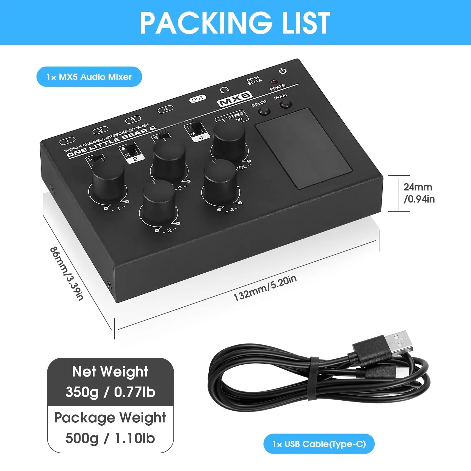 4-kanałowy mikser audio, mikser mono i stereo, z miernikiem poziomu LED - regulowany kolor i wzmocnienie, gniazdo słuchawkowe 3,5 mm, ultra niski poziom hałasu