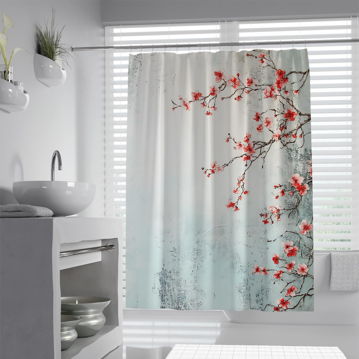 UERWOWELL Vintage Oriental Shower Curtain Japanese Peach Blossoms Floral Tree Branch Bathroom Decor Contemporary Abstract Fabric Shower Curtains W180xL180 cm