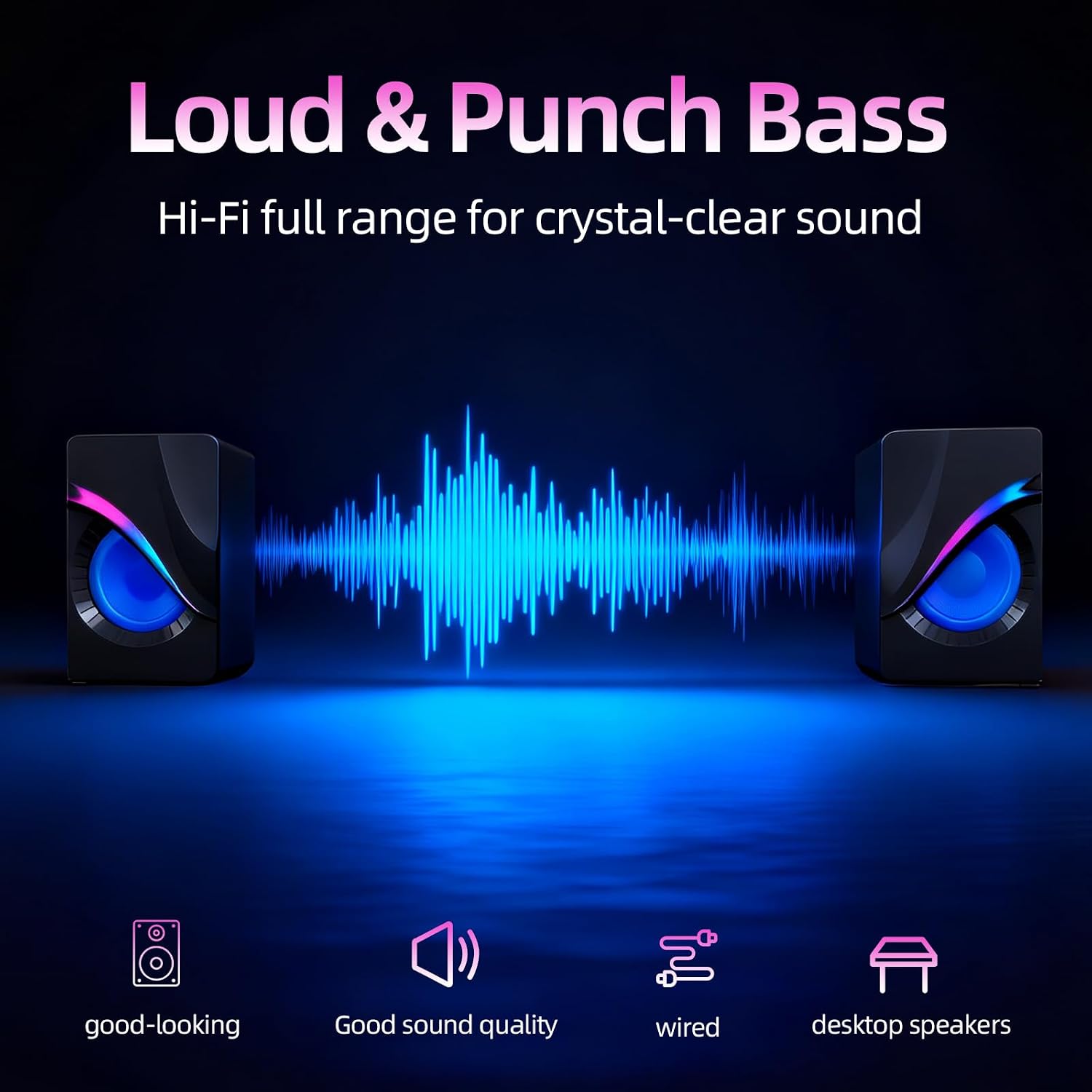 RGB Computer Speakers, USB Powered PC Sound Bar with Inline Control & Colorful Lights for Desktop, Laptop, Monitor Gaming Setup (Black)