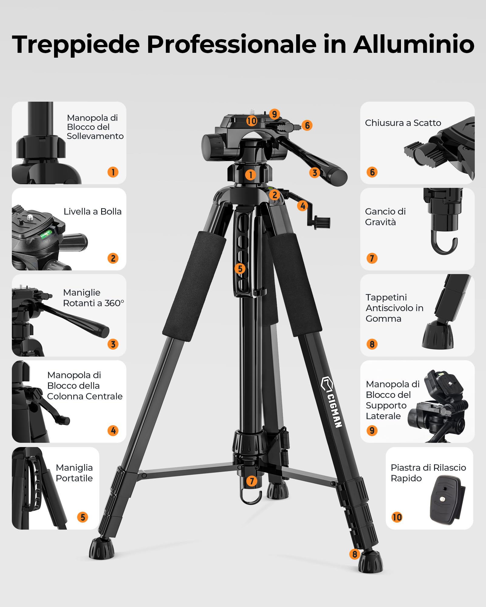 CIGMAN Treppiede 1,5 m Treppiede in alluminio per livella laser, con livella a bolla, con filettatura maschio da 5/8 "-11 e adattatore per vite da 1/4" -20, Borsa per il trasporto inclusa - CTP01