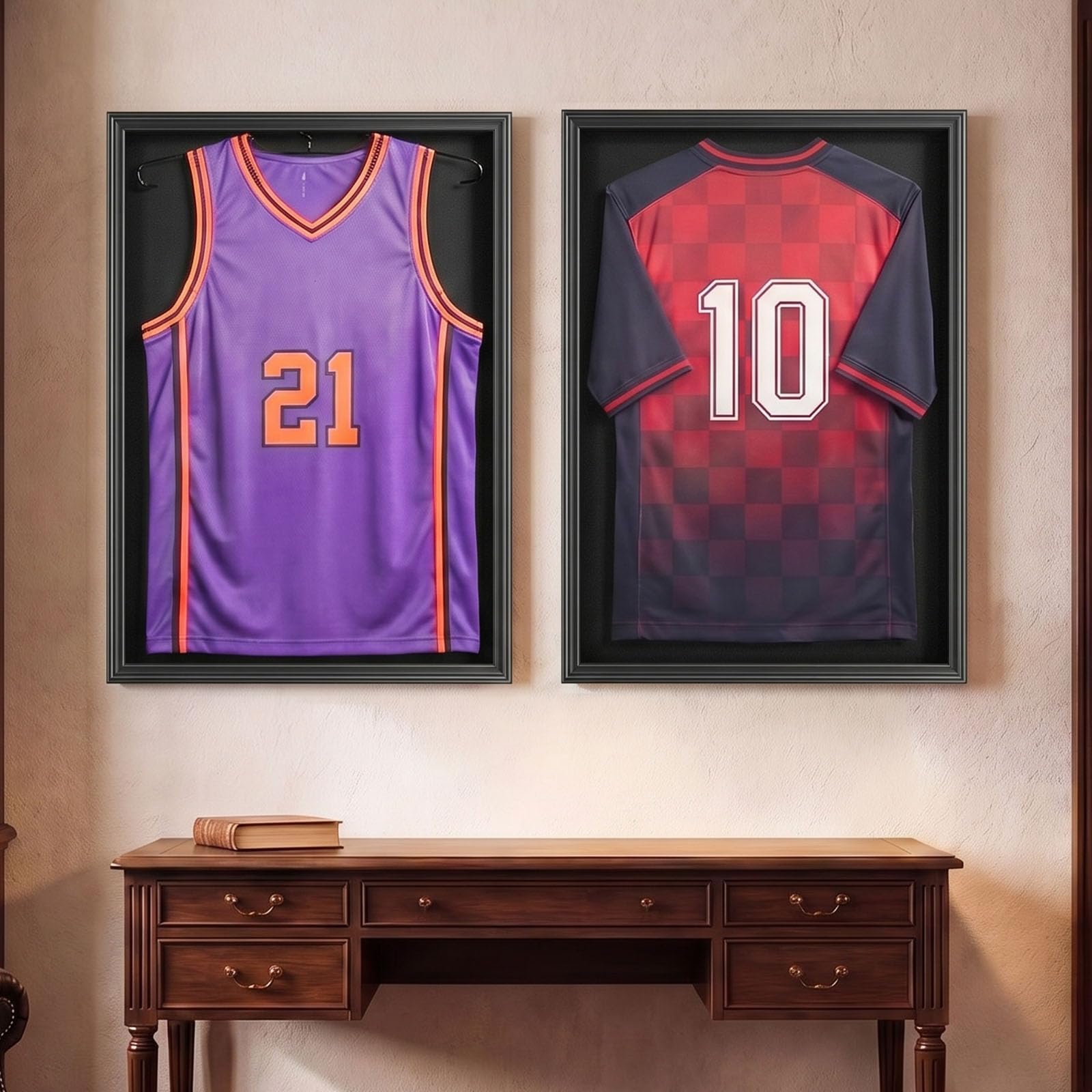 VEVOR Marco de Camisetas de Madera 59 x 79,5 cm, Vitrina para Camisetas Deportivas con Panel de Policarbonato con Protección UV, Expositor para Uniformes de Baloncesto, Fútbol, 2 Piezas, Negro