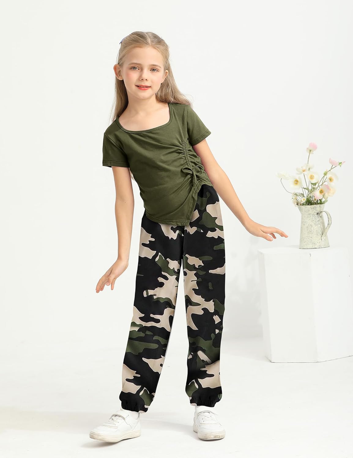 Girls Clothes Irregular Ruched Drawstring Short Sleeve Top and Girls Camouflage Pants 2Pcs Summer Girls Clothes - Image 3