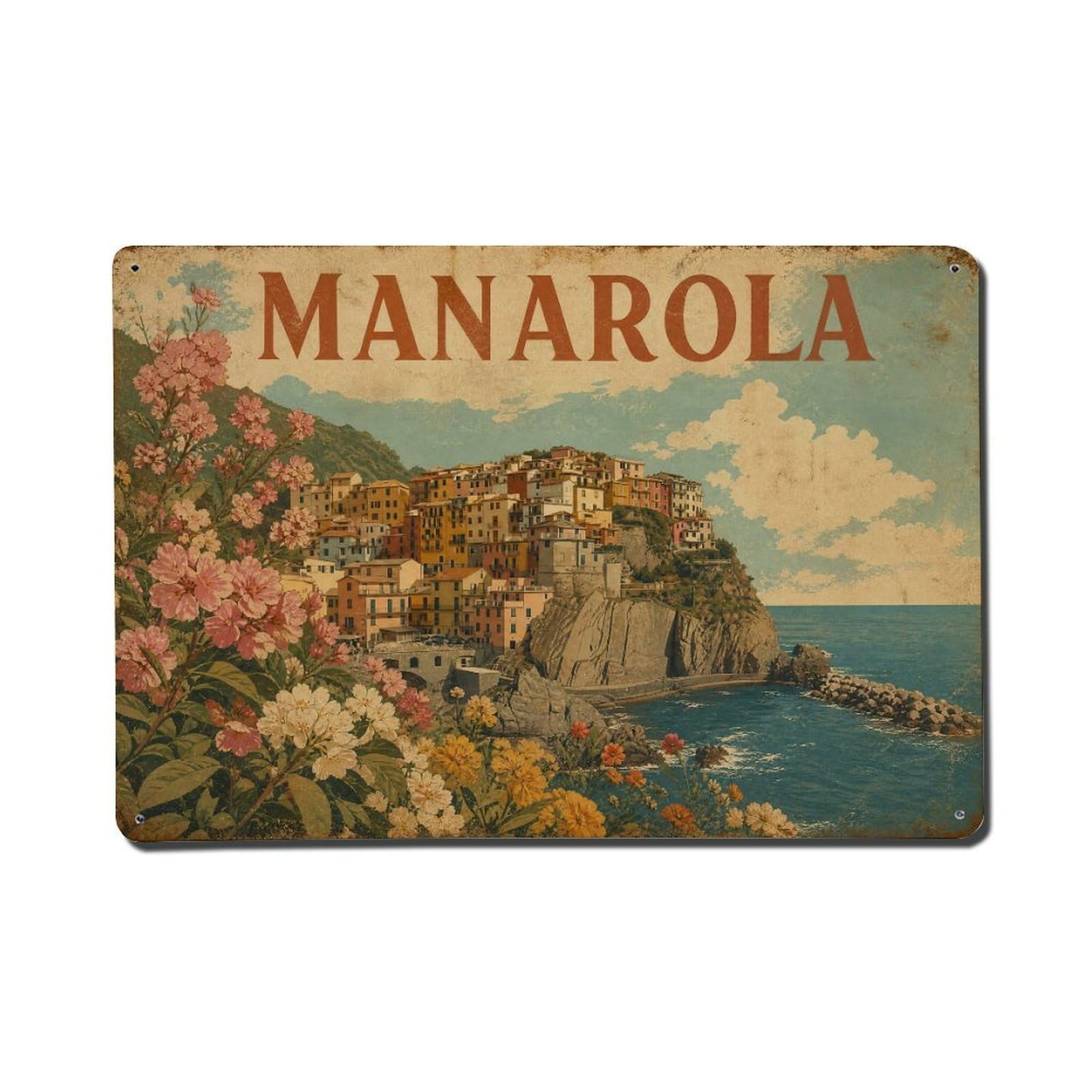 Vintage Travel Manarola Spring Flowers Blooming Village Metal Tin Sign