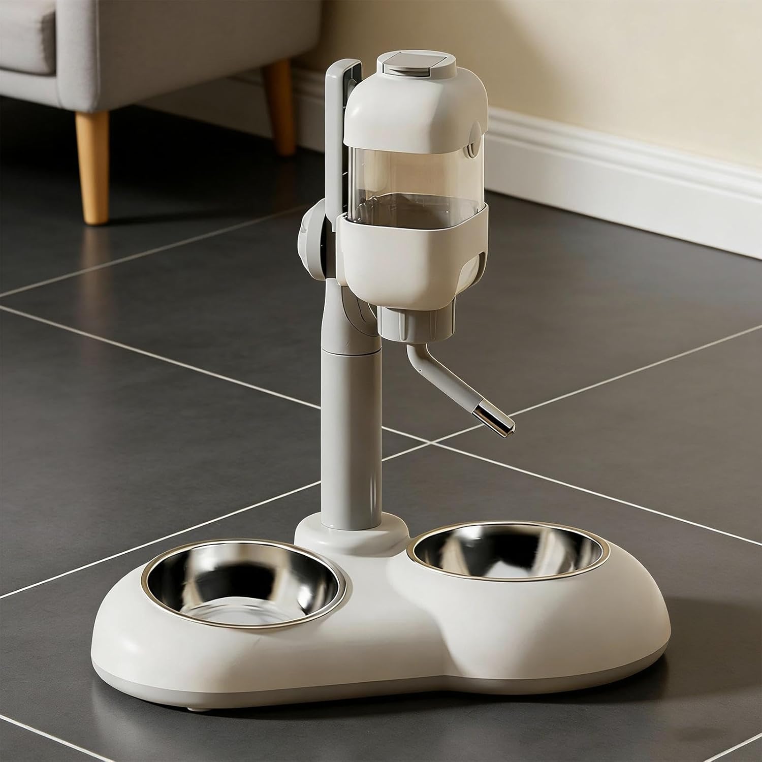 Pet Standing Water Dispenser with Two Steel Bowl Food Container Feeding Station Cat Dog Bowl Pet Feeder Waterer for Hamster, Brown