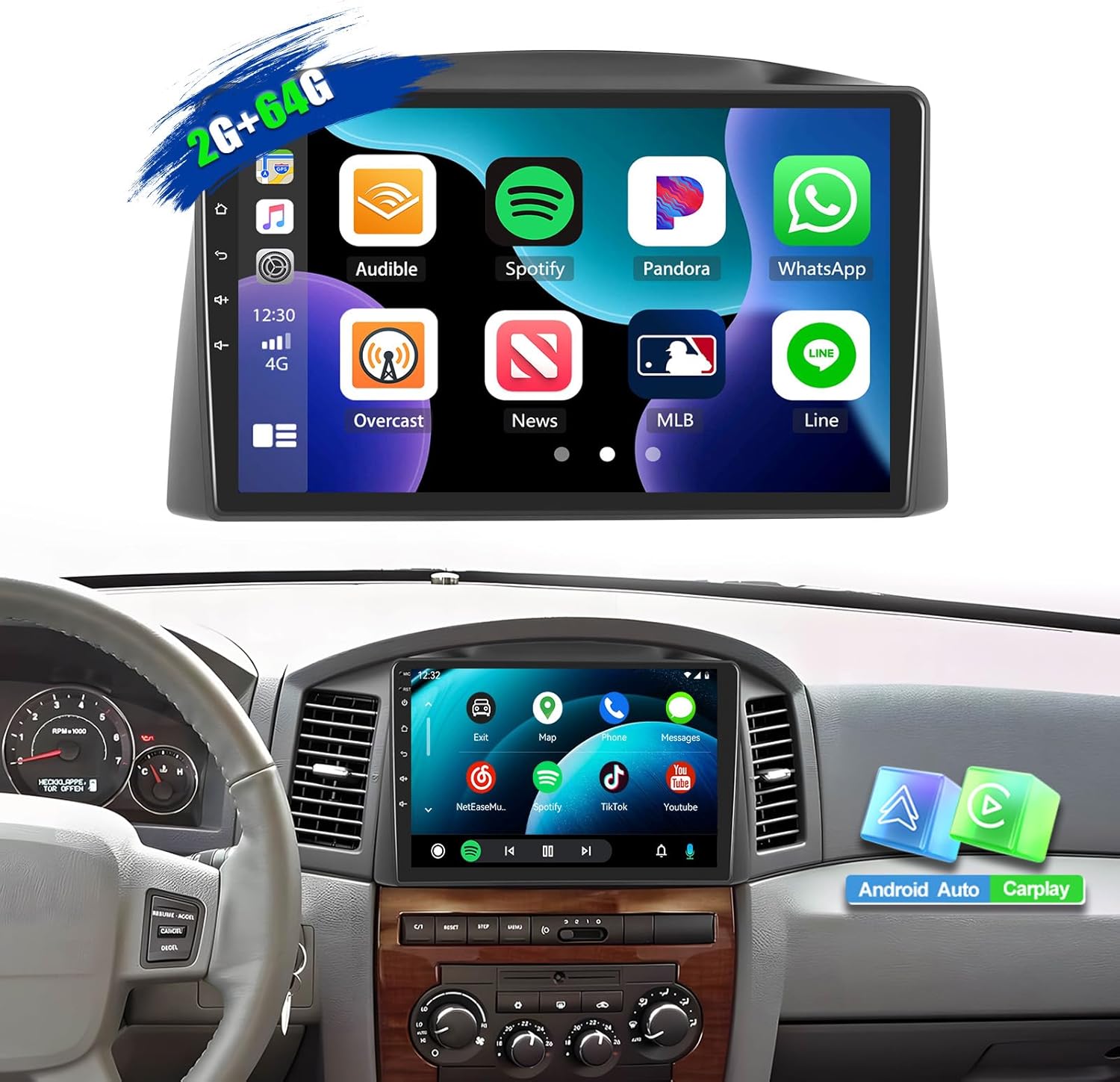 Car Radio Stereo for Jeep Grand Cherokee 2005 2006 2007 Wireless CarPlay Android Head Unit with Android Auto GPS Navigation, 10 Inch Touch Screen Bluetooth RDS FM WiFi Backup Camera 2G+64G