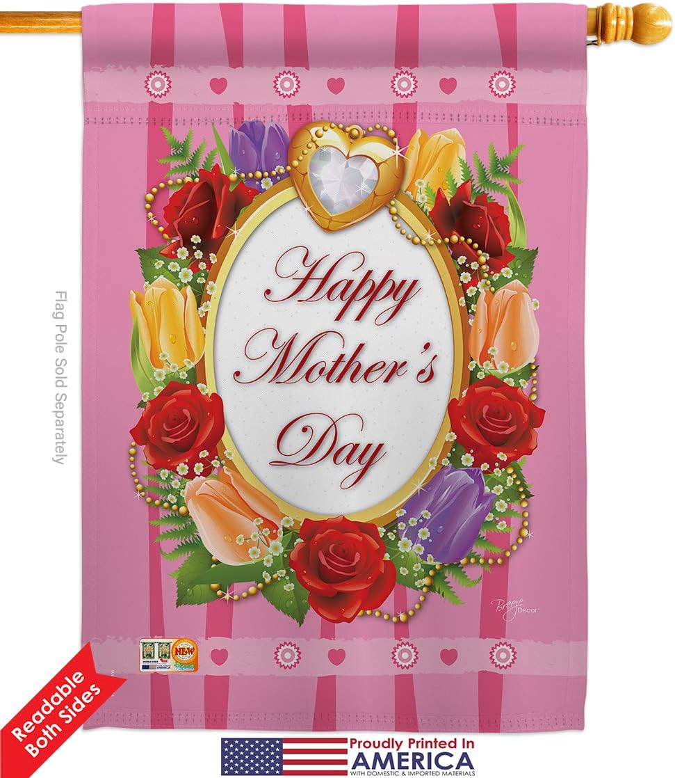 Breeze Decor Happy Mother's Day House Flag - Family Mom Mama Grandma Love Flowers Parent Sibling Relatives Grandparent - Decoration Banner Small Garden Yard Gift Double-Sided Made in USA 28 X 40